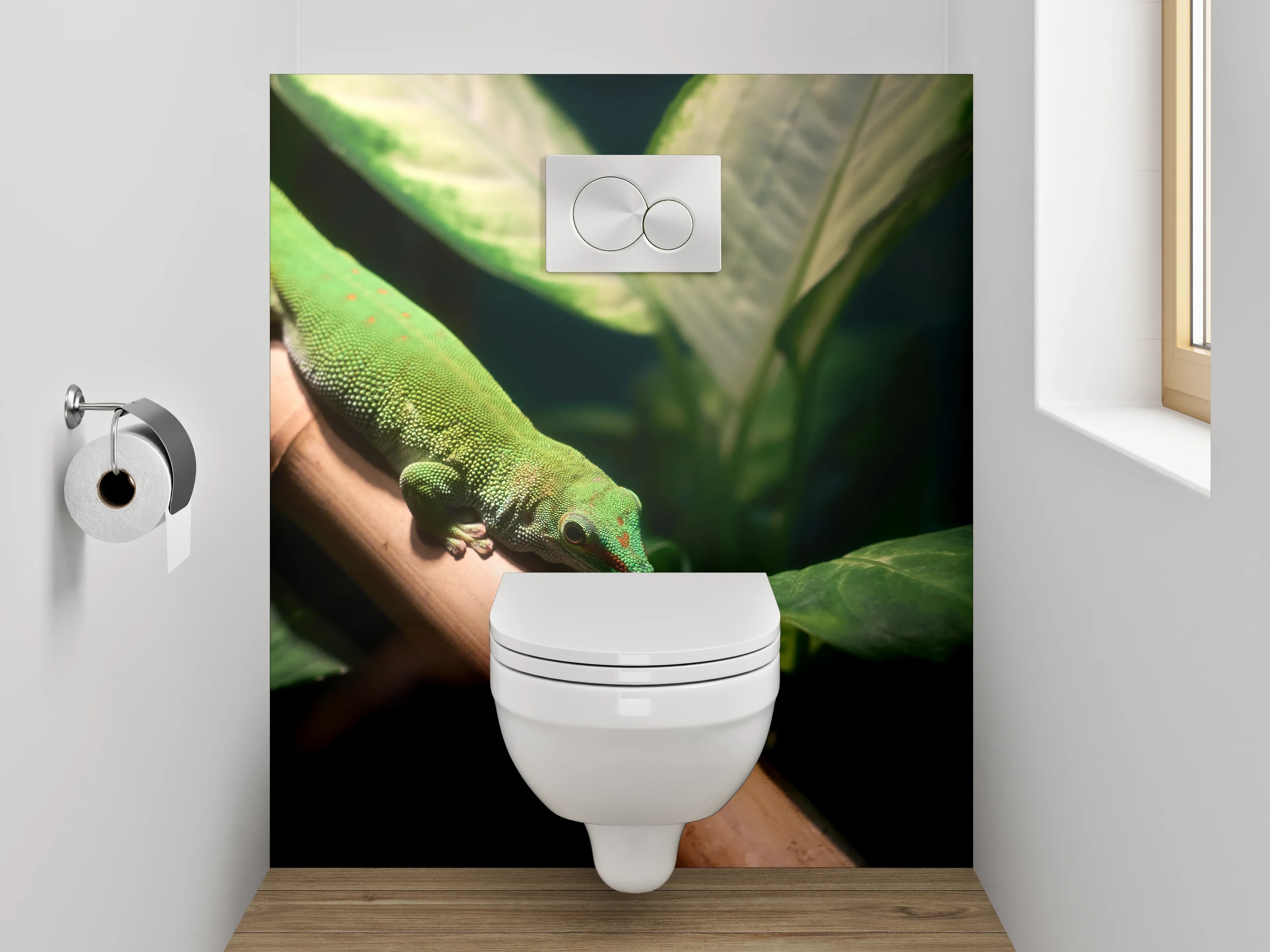 WC-Rückwand - Grüner Gecko auf Pflanze Naturmotiv