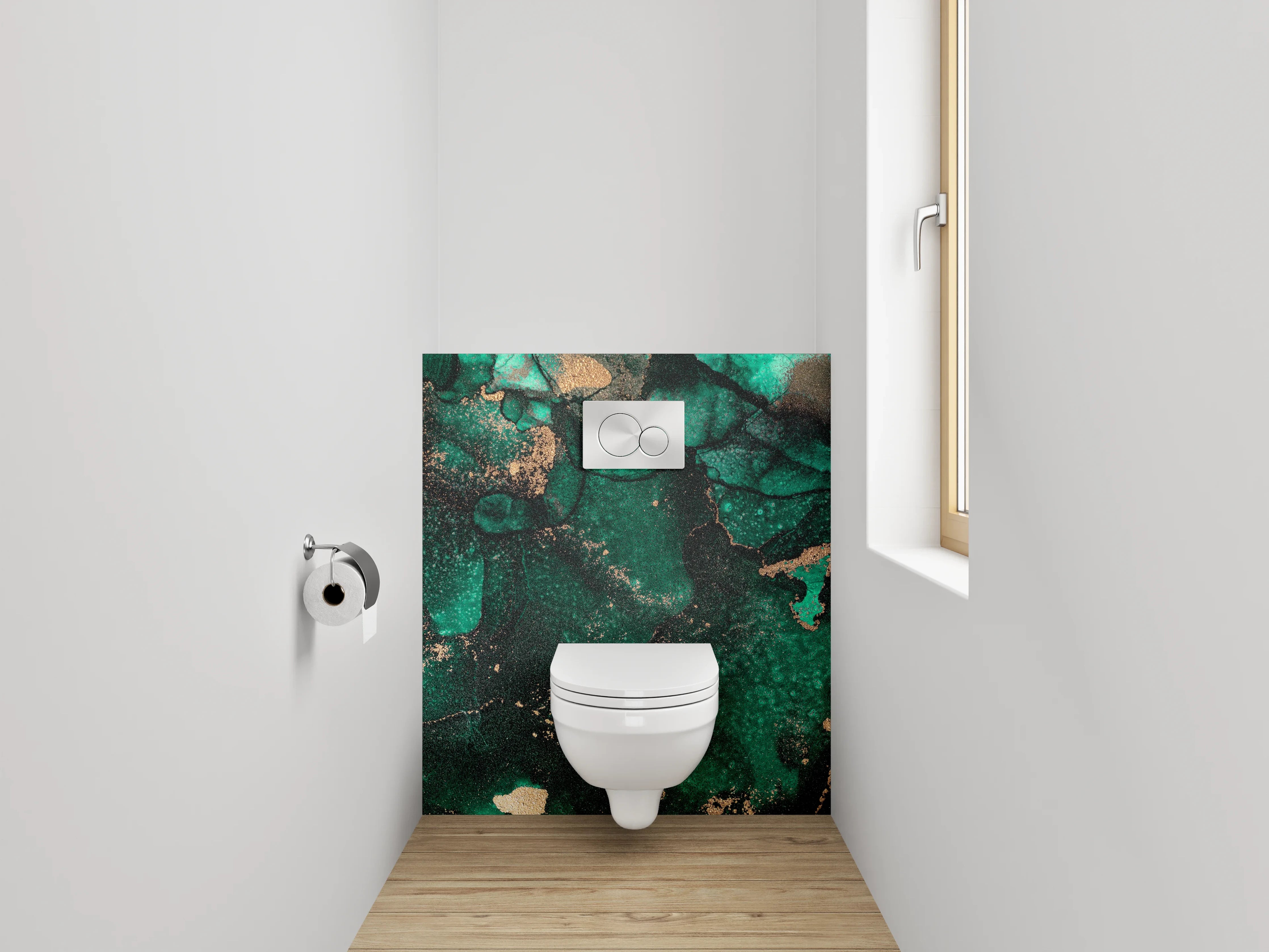 WC-Rückwand - Grünes Abstract mit goldenen Akzenten