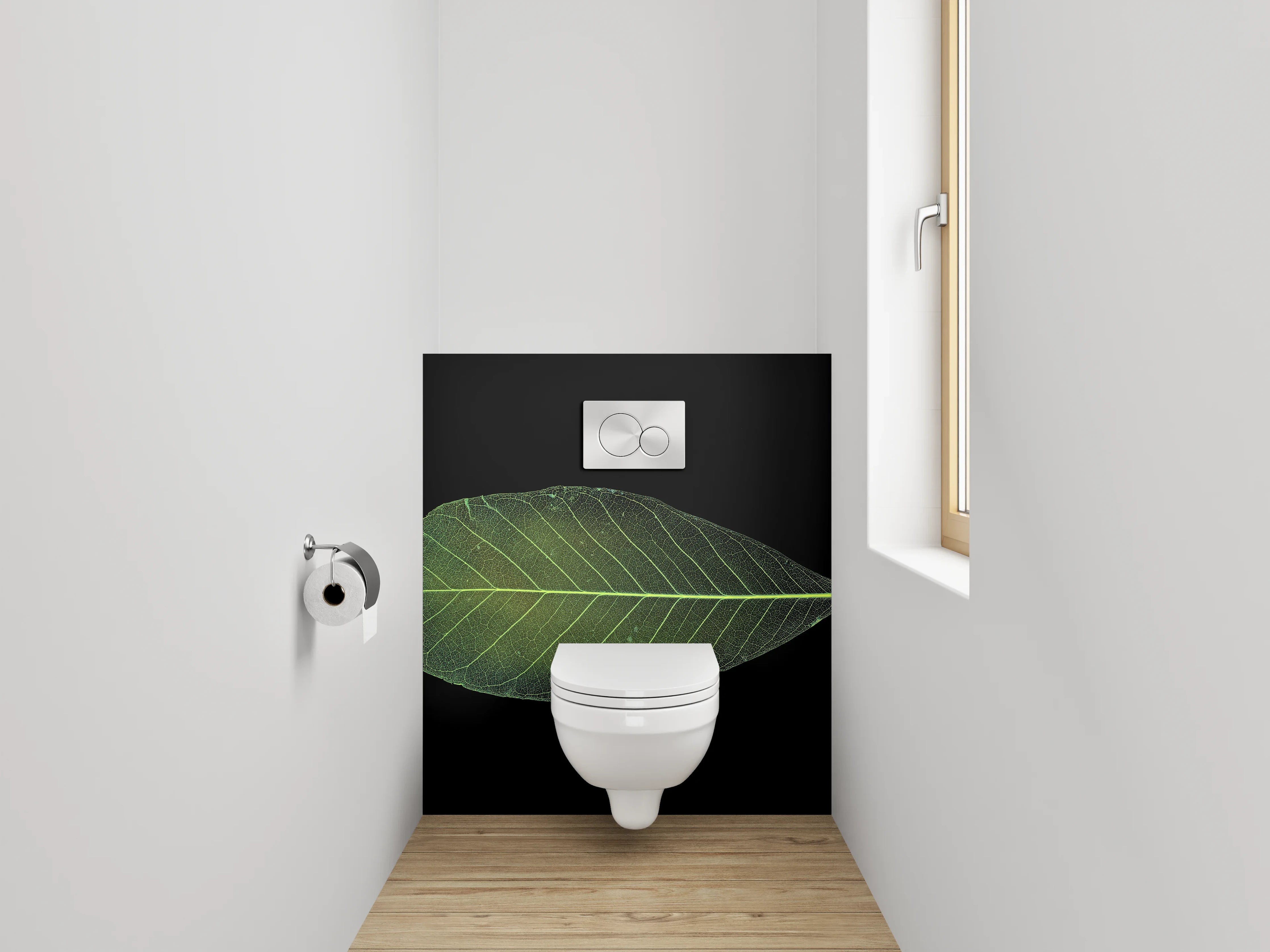WC-Rückwand - Grünes Blatt auf Schwarz Hintergrund