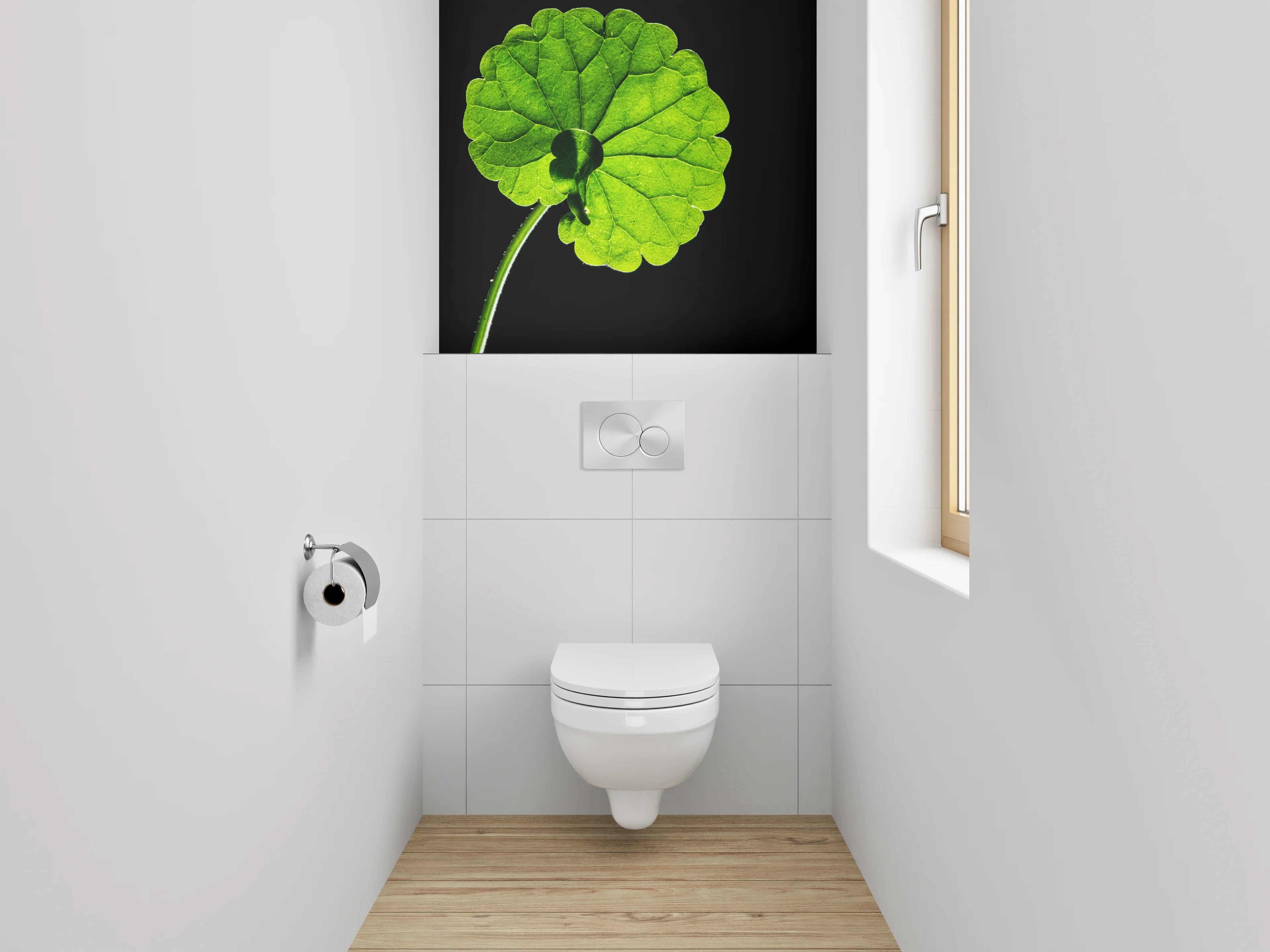 WC-Rückwand - Grünes Blatt auf Schwarz – Natur Akzent
