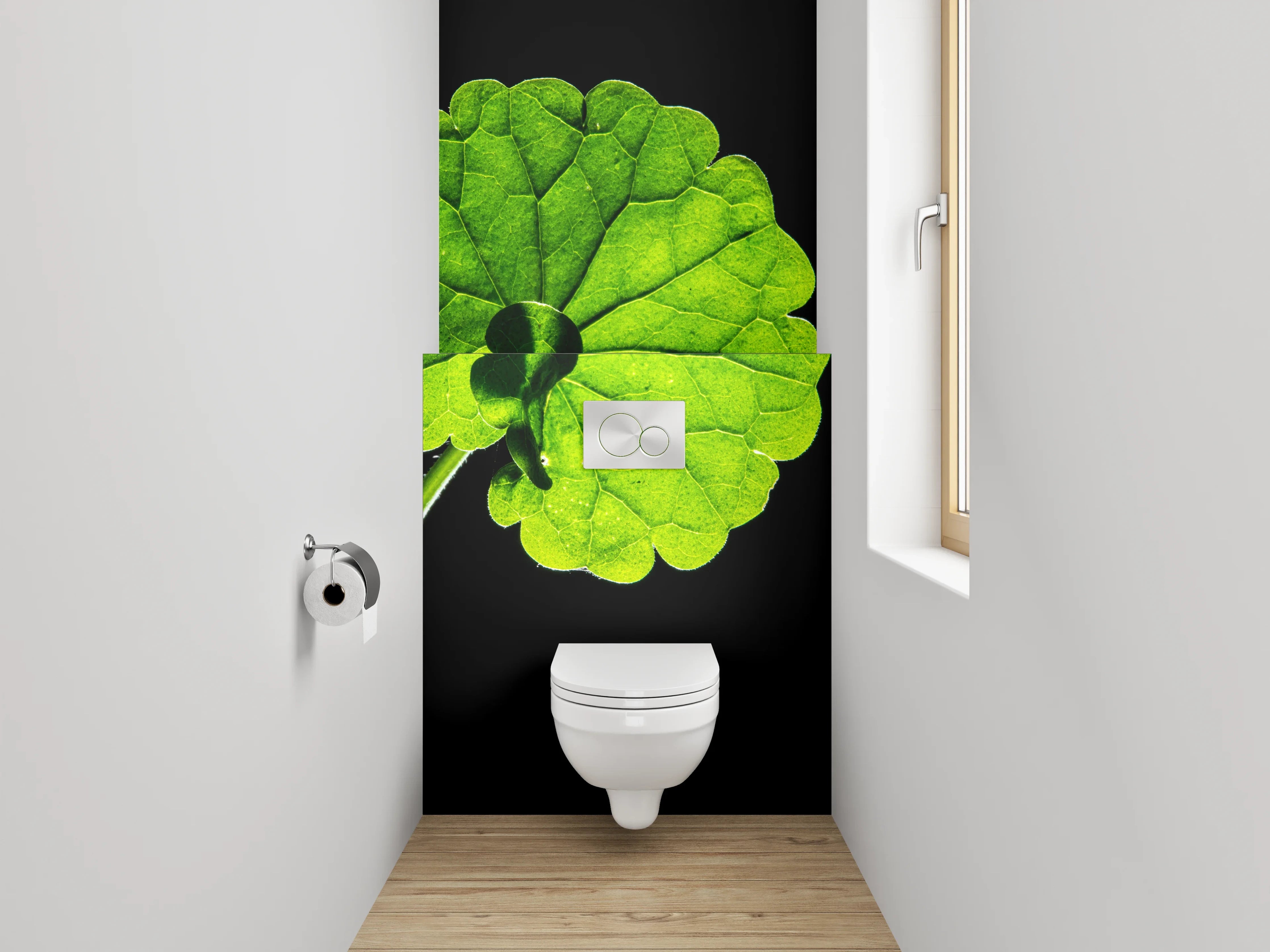 WC-Rückwand - Grünes Blatt auf Schwarz – Natur Akzent