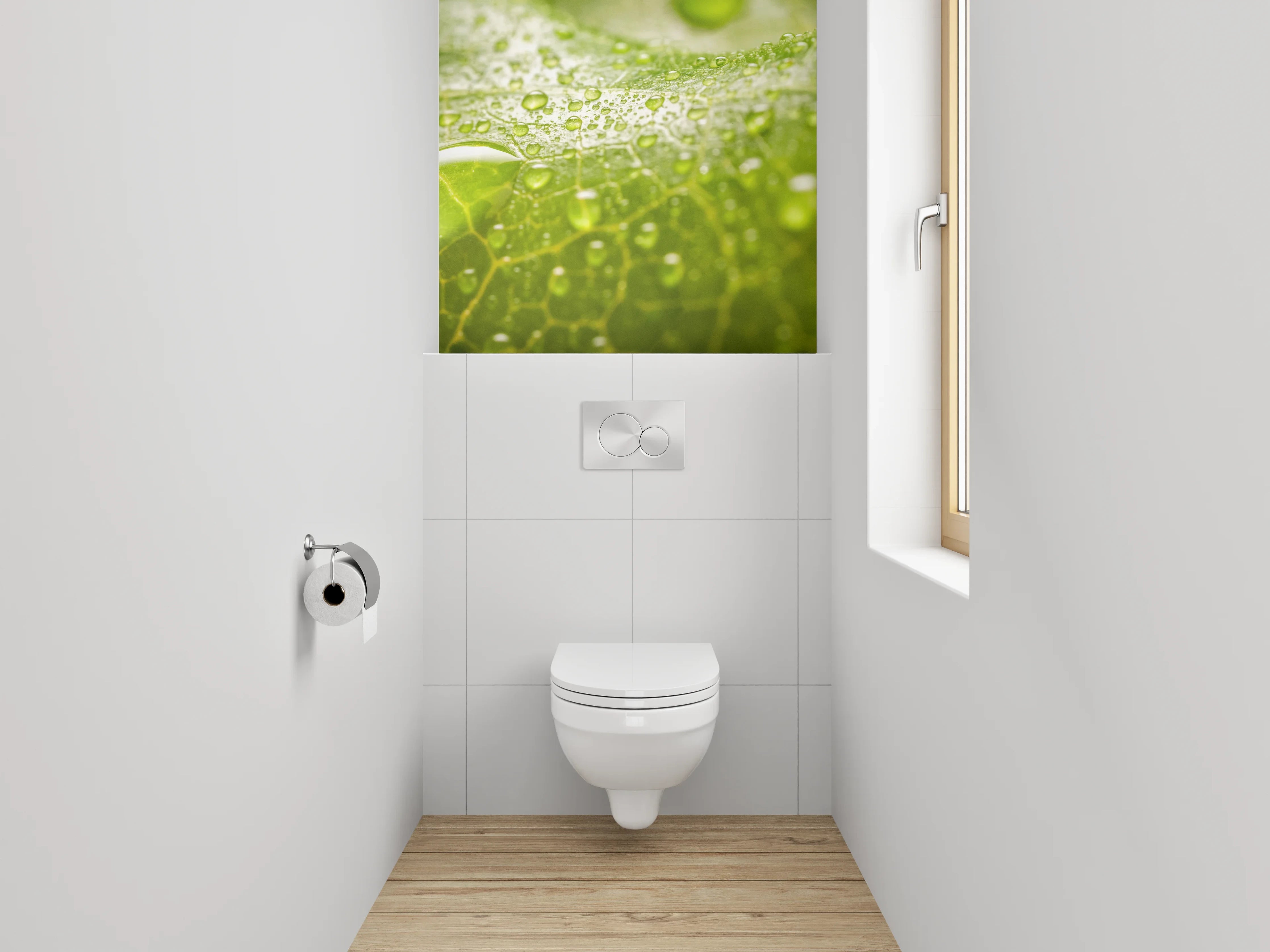 WC-Rückwand - Grünes Blatt mit Wassertropfen