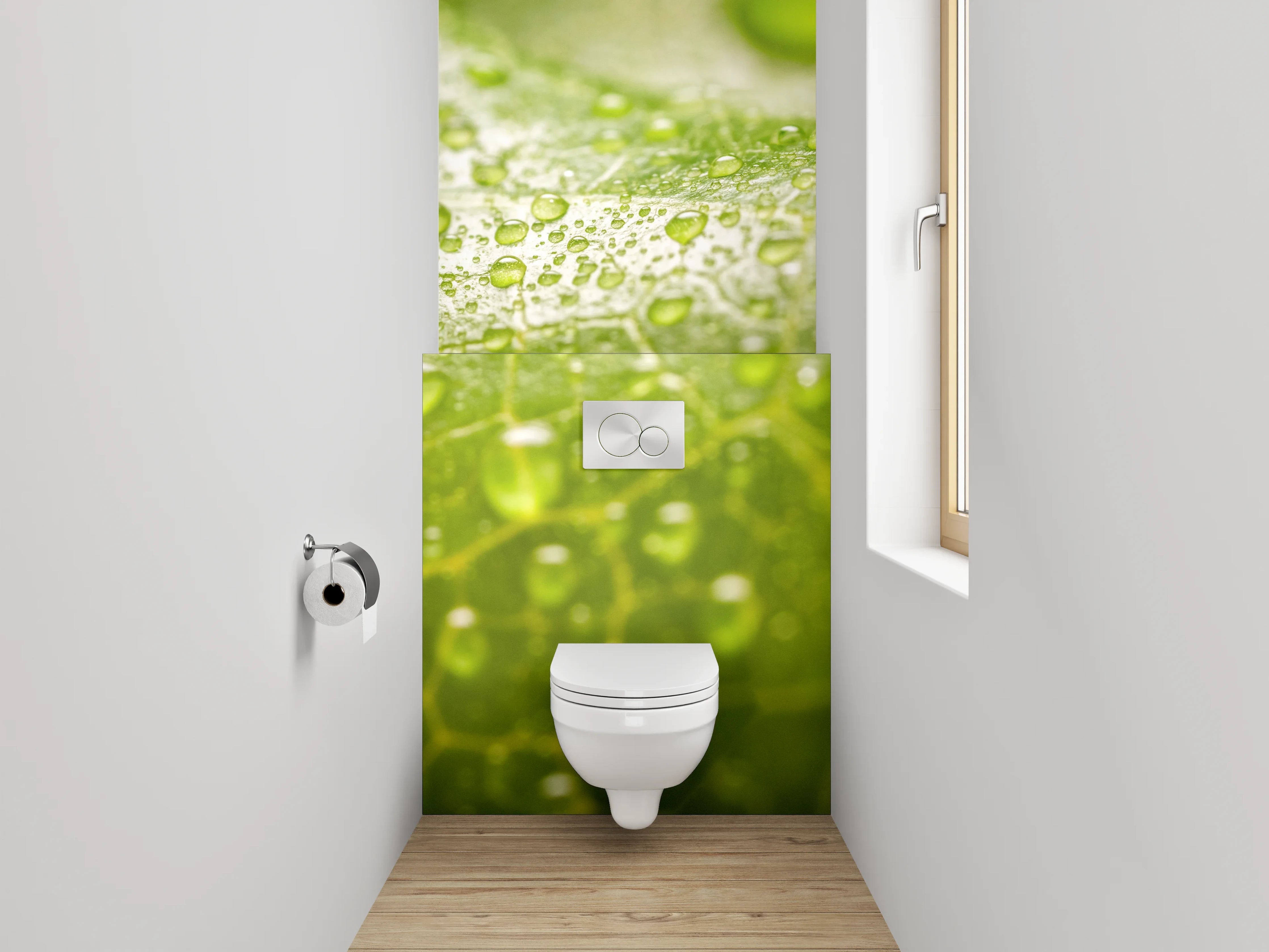 WC-Rückwand - Grünes Blatt mit Wassertropfen