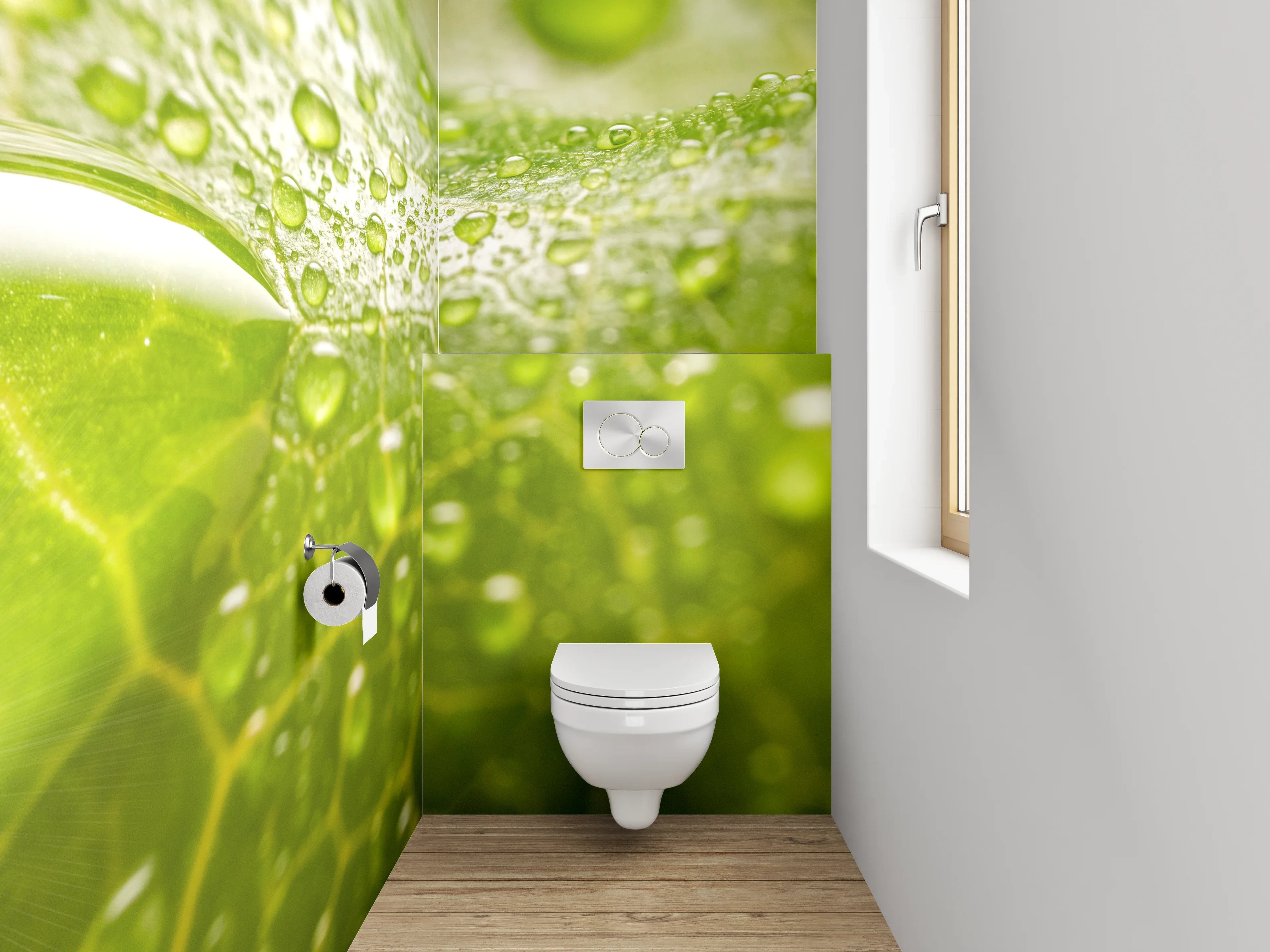 WC-Rückwand - Grünes Blatt mit Wassertropfen