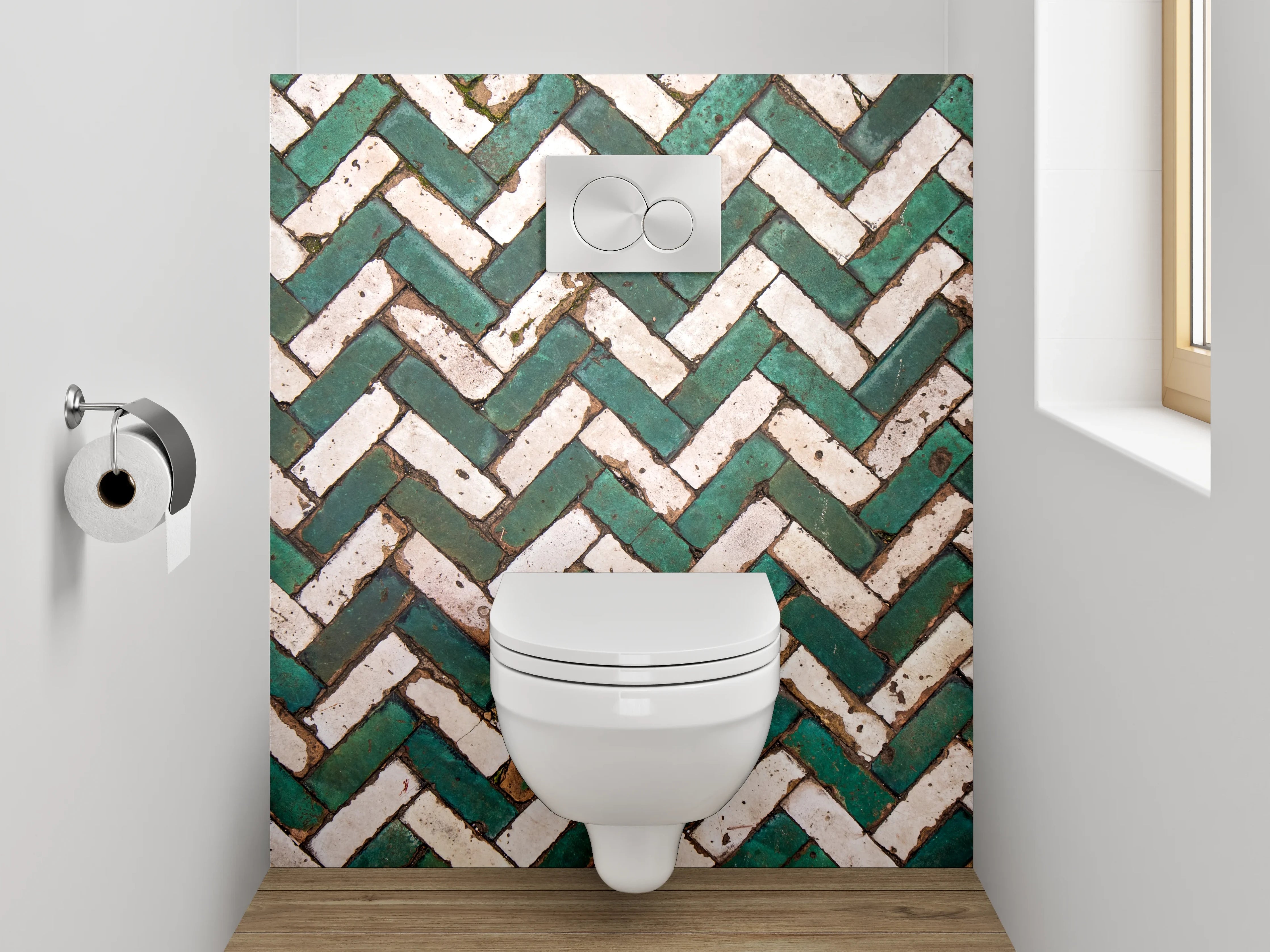 WC-Rückwand - Grünes Fischgrät-Mosaik-Fliesenmuster