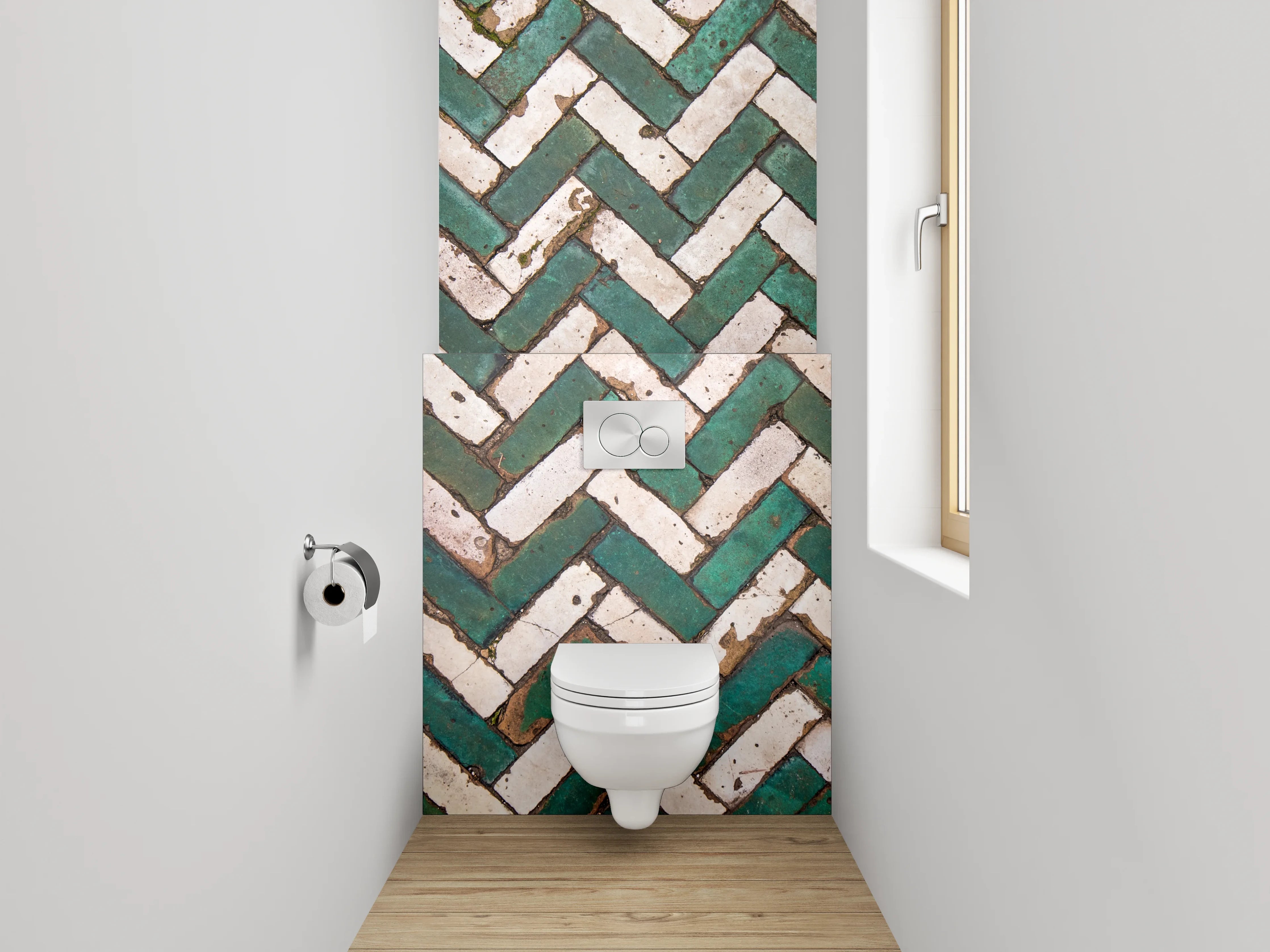 WC-Rückwand - Grünes Fischgrät-Mosaik-Fliesenmuster
