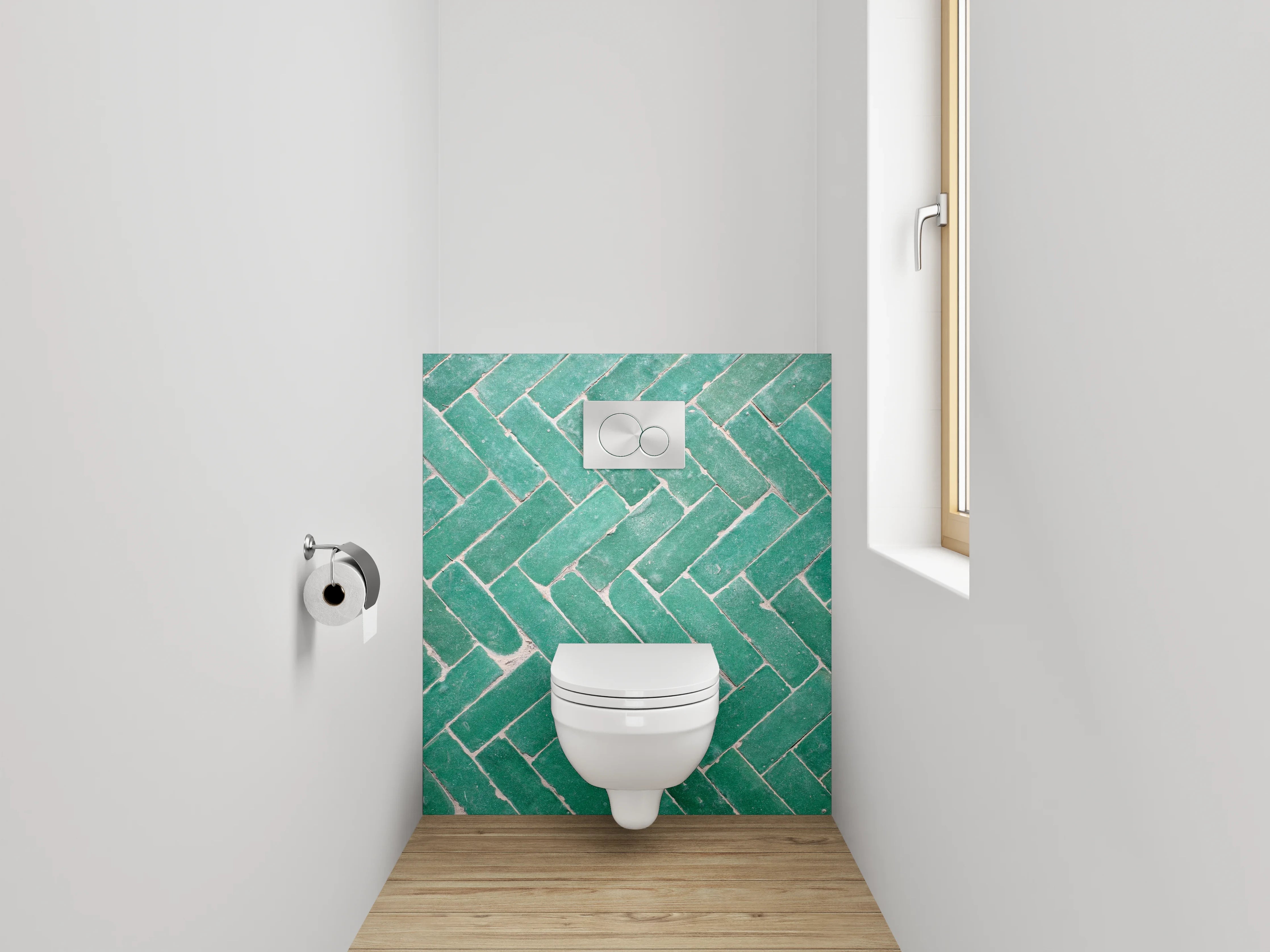 WC-Rückwand - Grünes Fliesenmuster im Fischgrät-Design