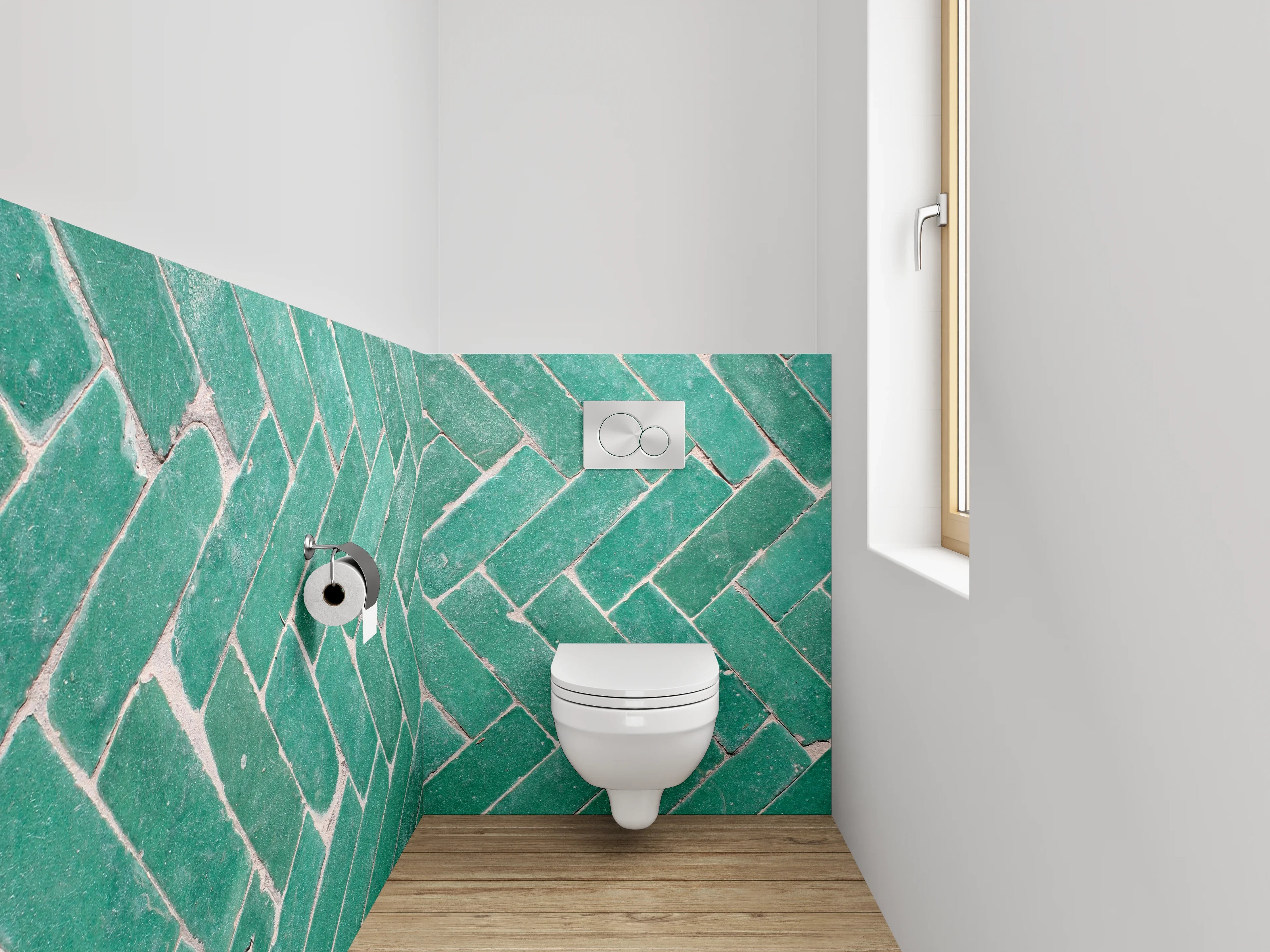 WC-Rückwand - Grünes Fliesenmuster im Fischgrät-Design