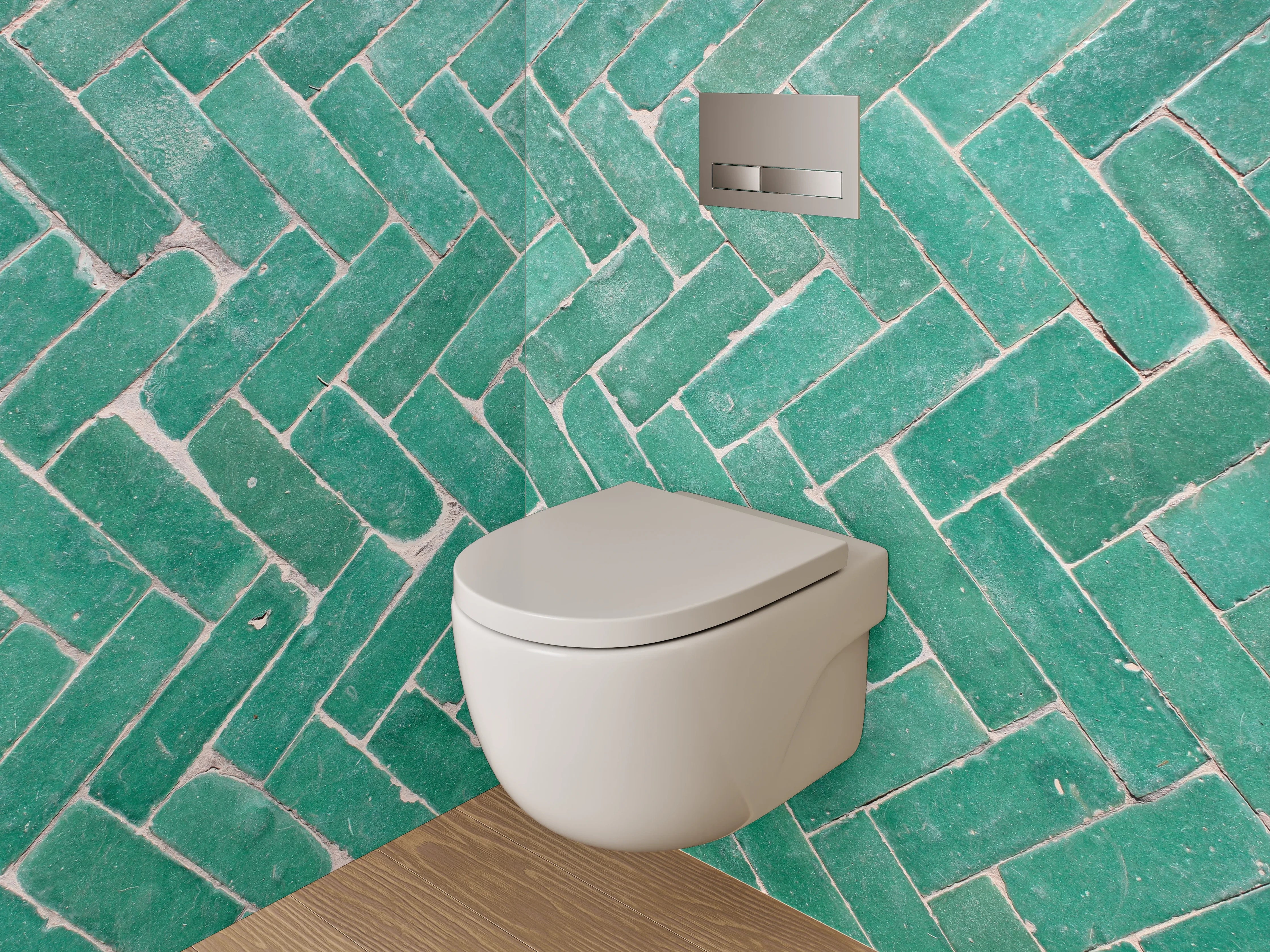 WC-Rückwand - Grünes Fliesenmuster im Fischgrät-Design