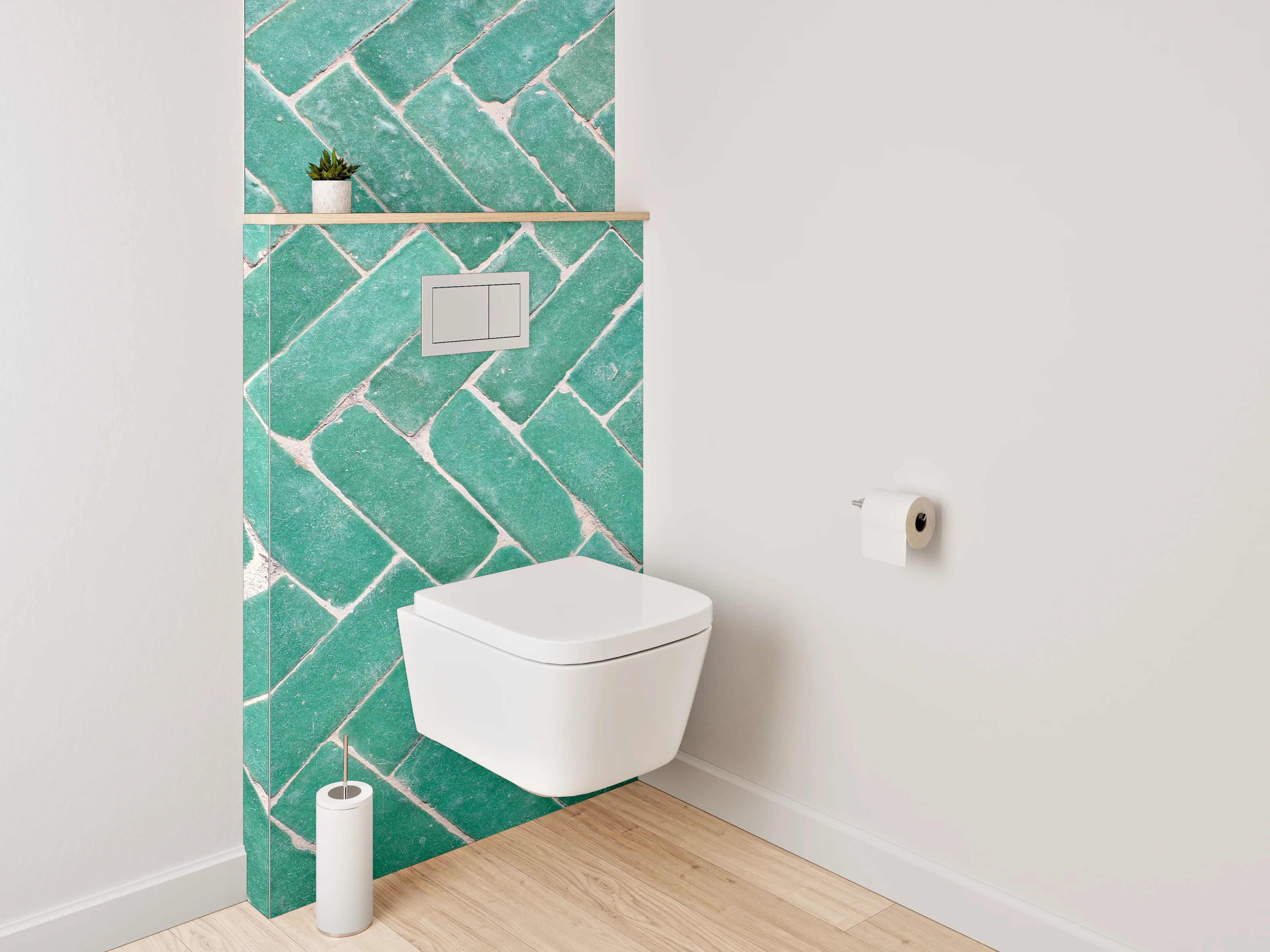 WC-Rückwand - Grünes Fliesenmuster im Fischgrät-Design