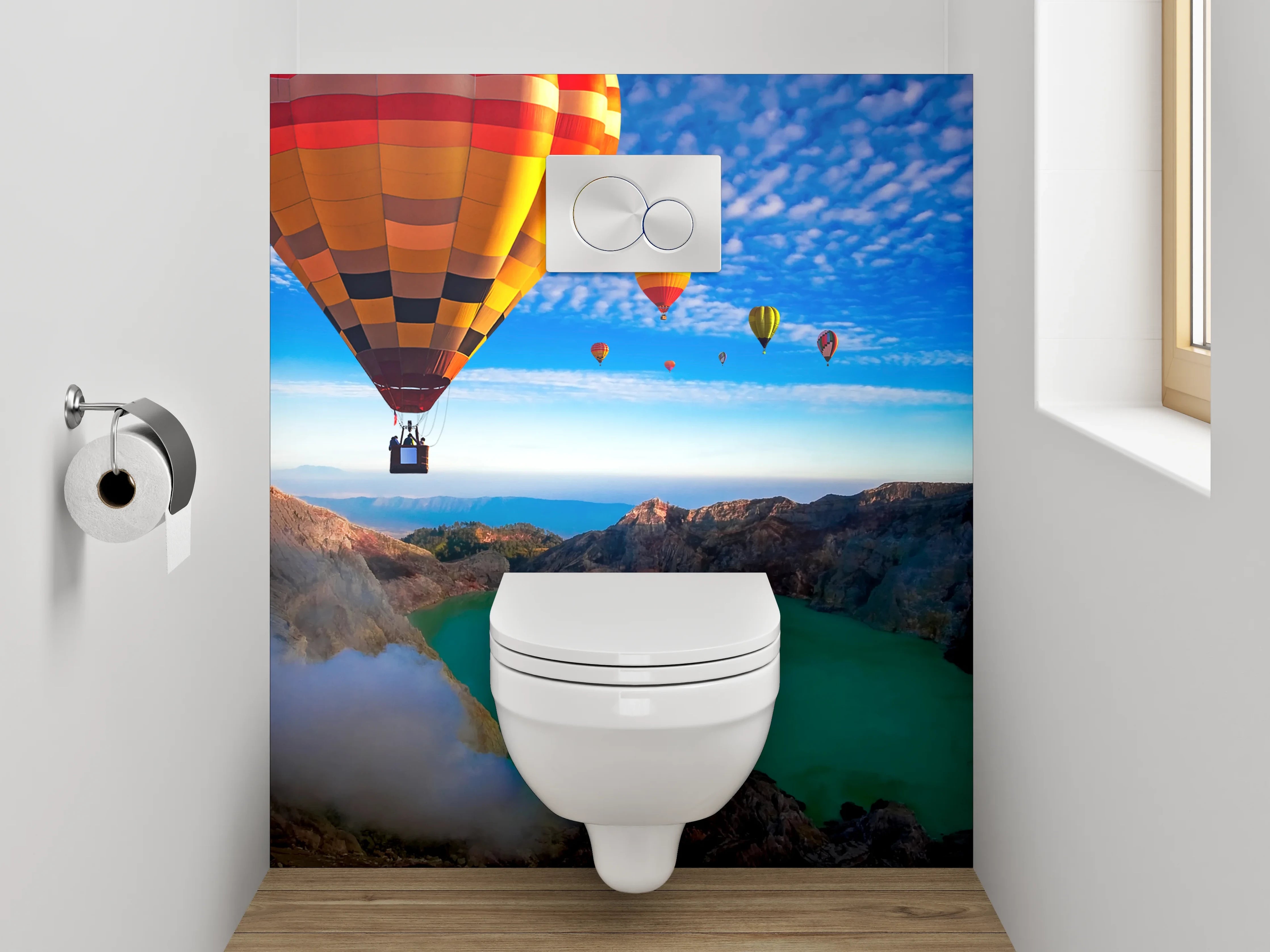WC-Rückwand - Heißluftballons über türkisfarbenem Kratersee