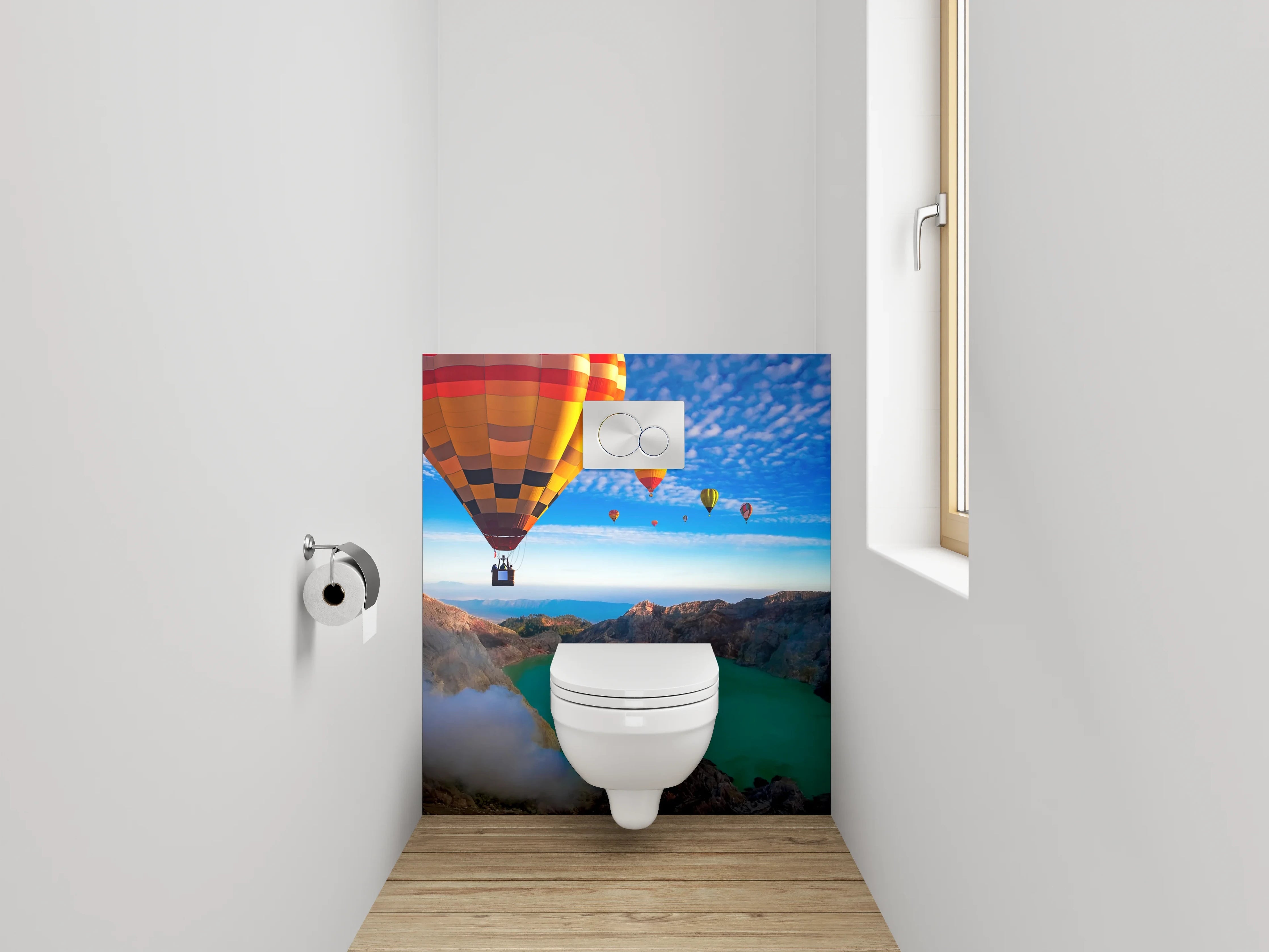WC-Rückwand - Heißluftballons über türkisfarbenem Kratersee