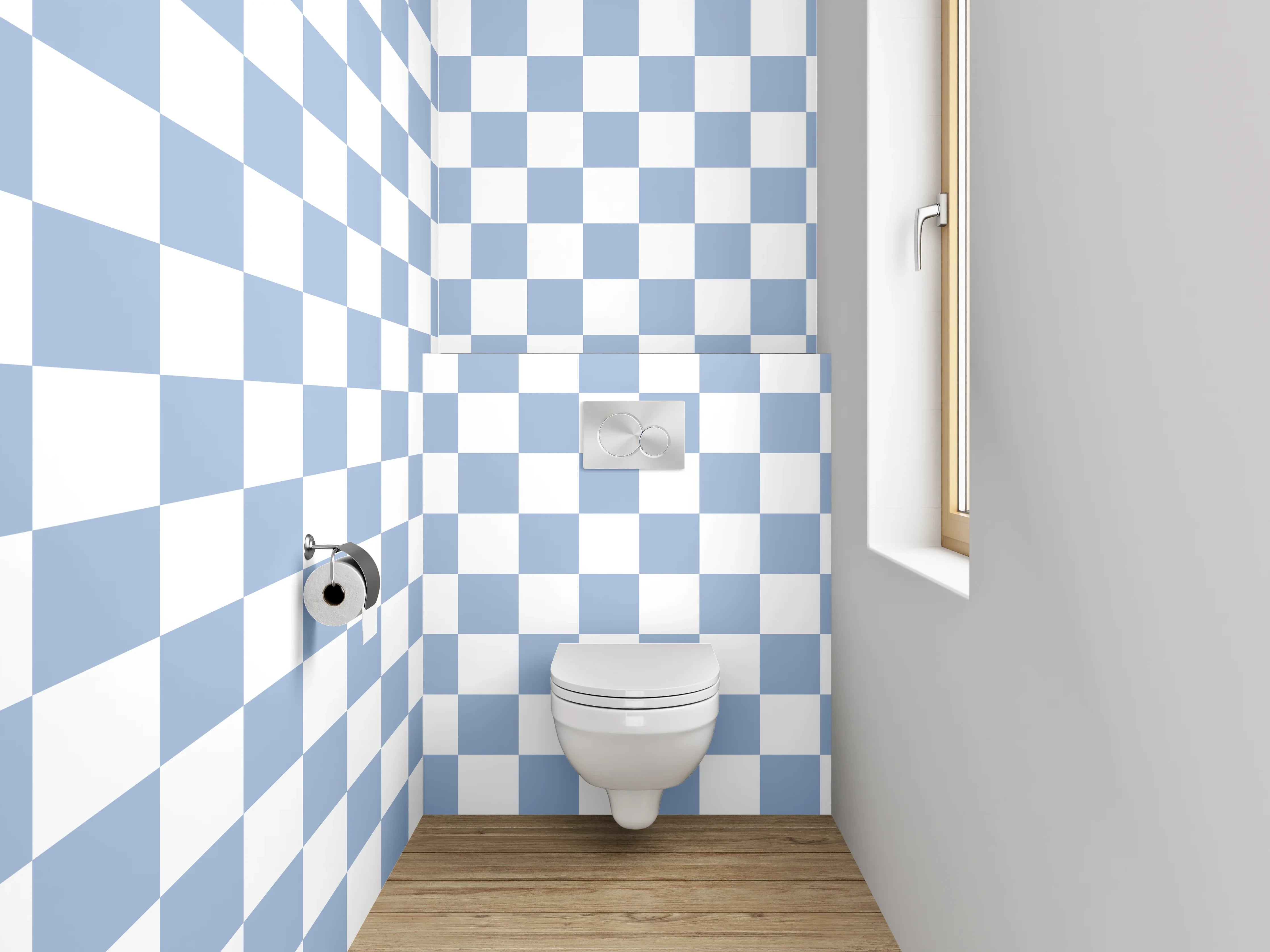 WC-Rückwand - Hellblau-Weißes Karo-Muster Wanddekor