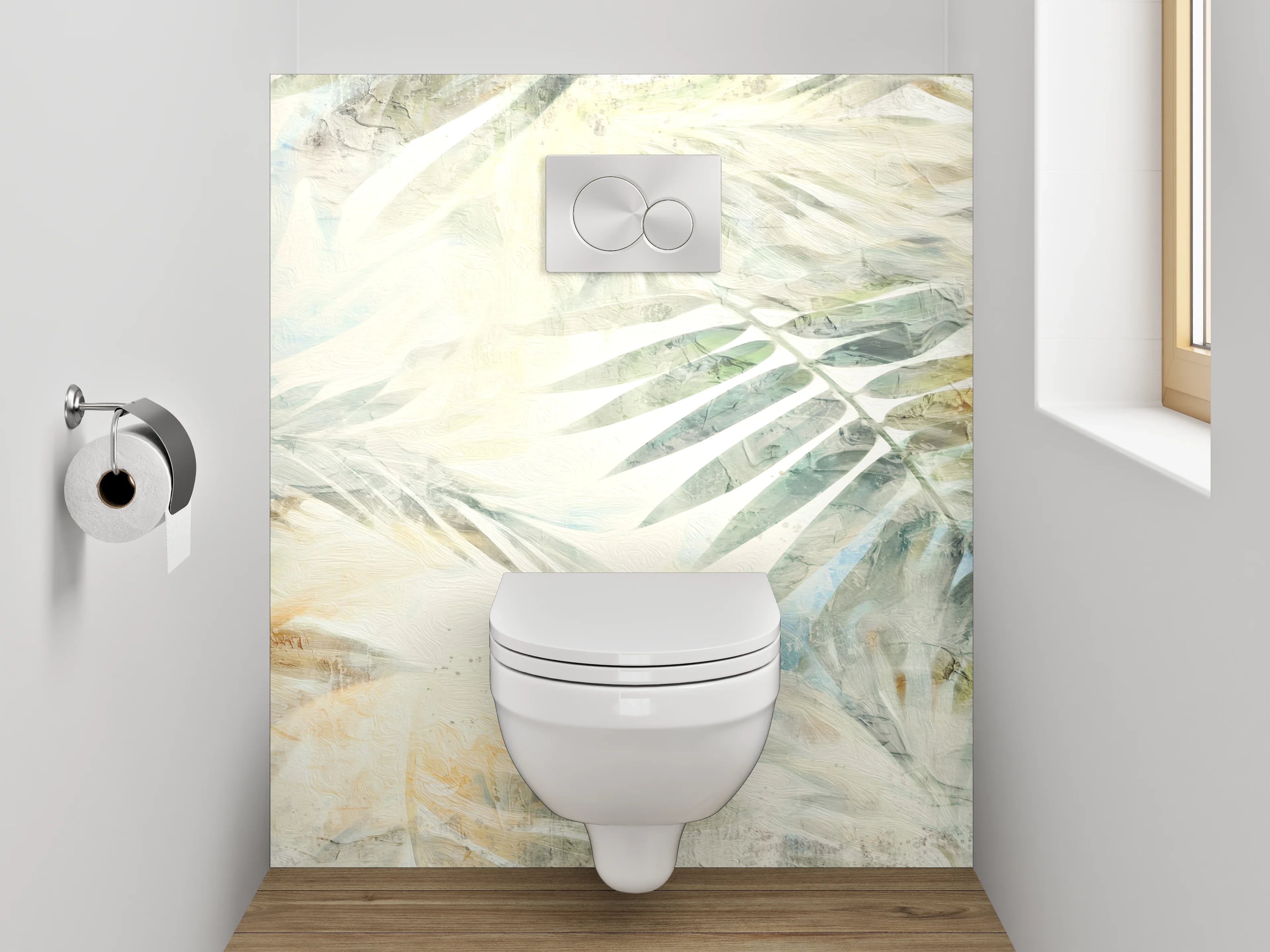 WC-Rückwand - Helle Aquarell-Palmenblätter Weiß Beige
