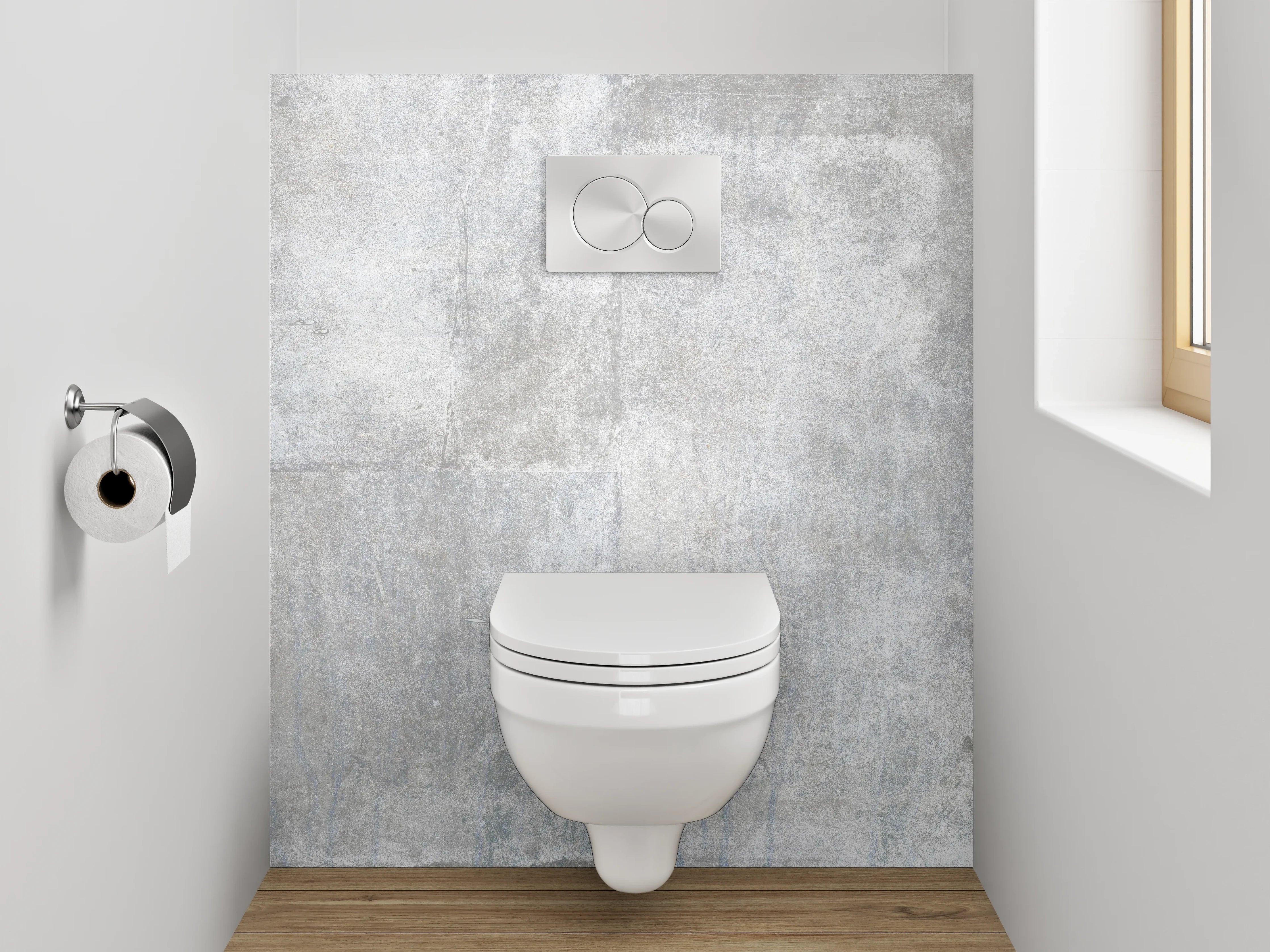 WC-Rückwand - Helle Betonoptik Grau Weiß Fliesen