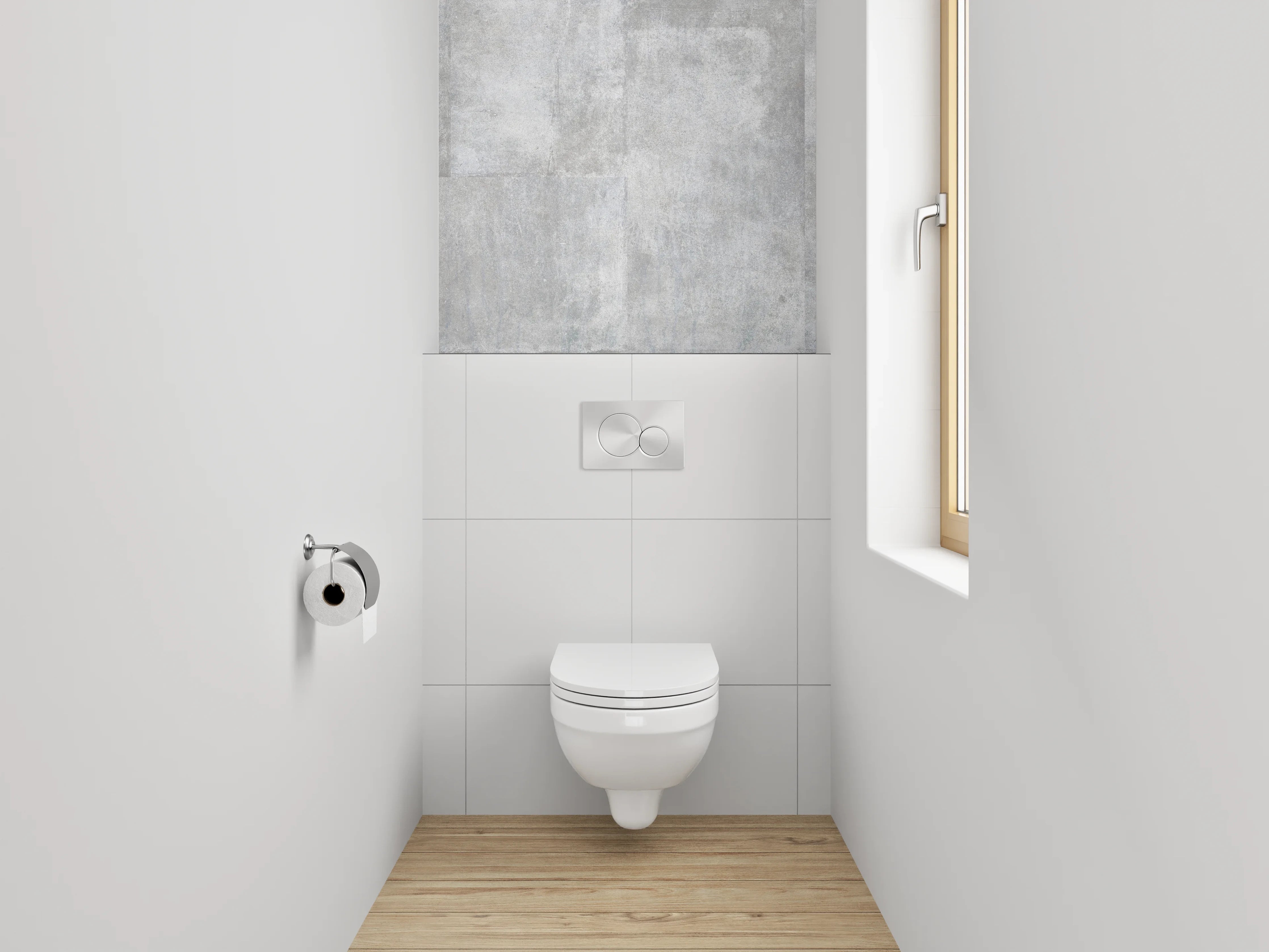 WC-Rückwand - Helle Betonoptik Grau Weiß Fliesen