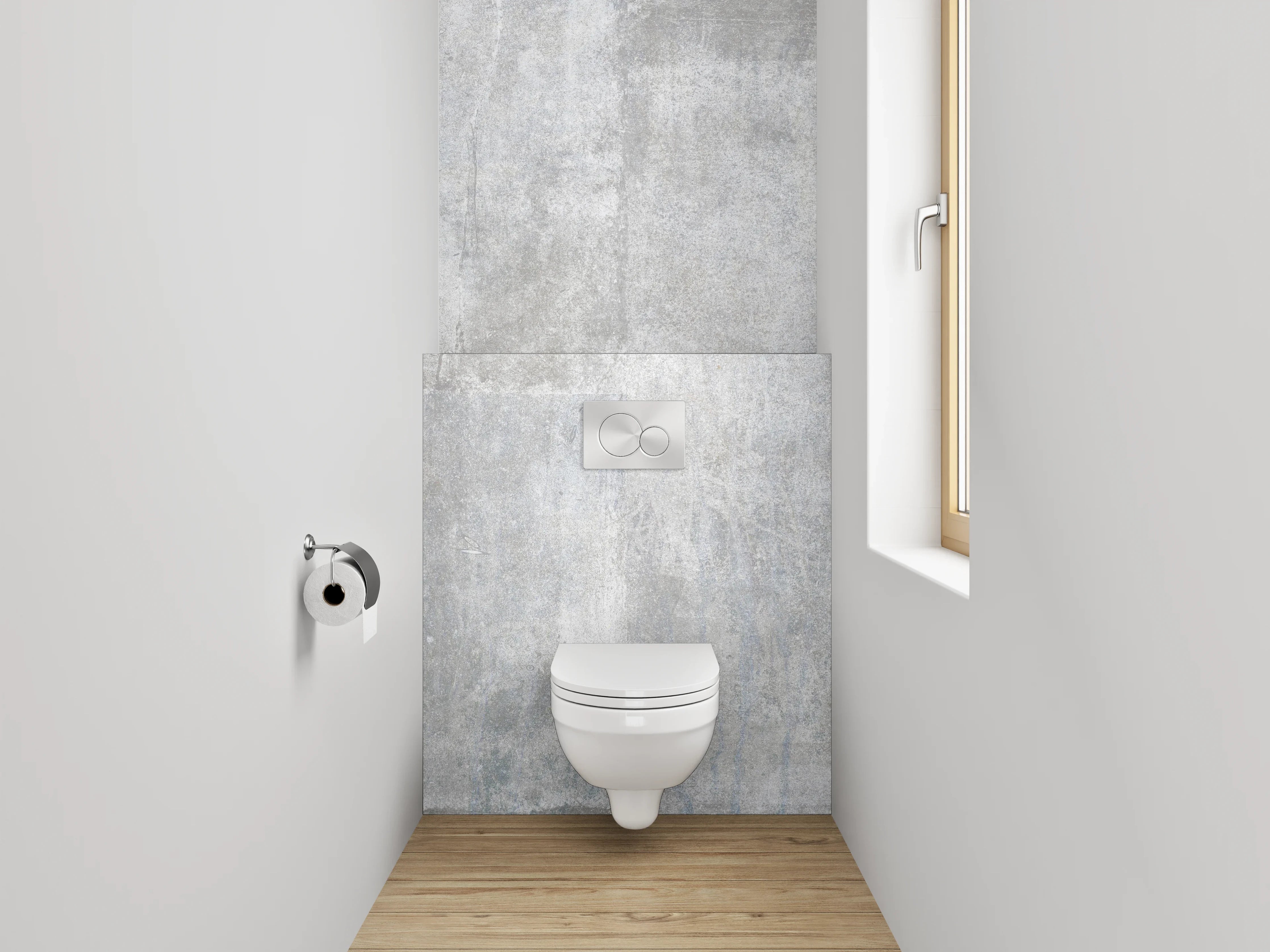 WC-Rückwand - Helle Betonoptik Grau Weiß Fliesen