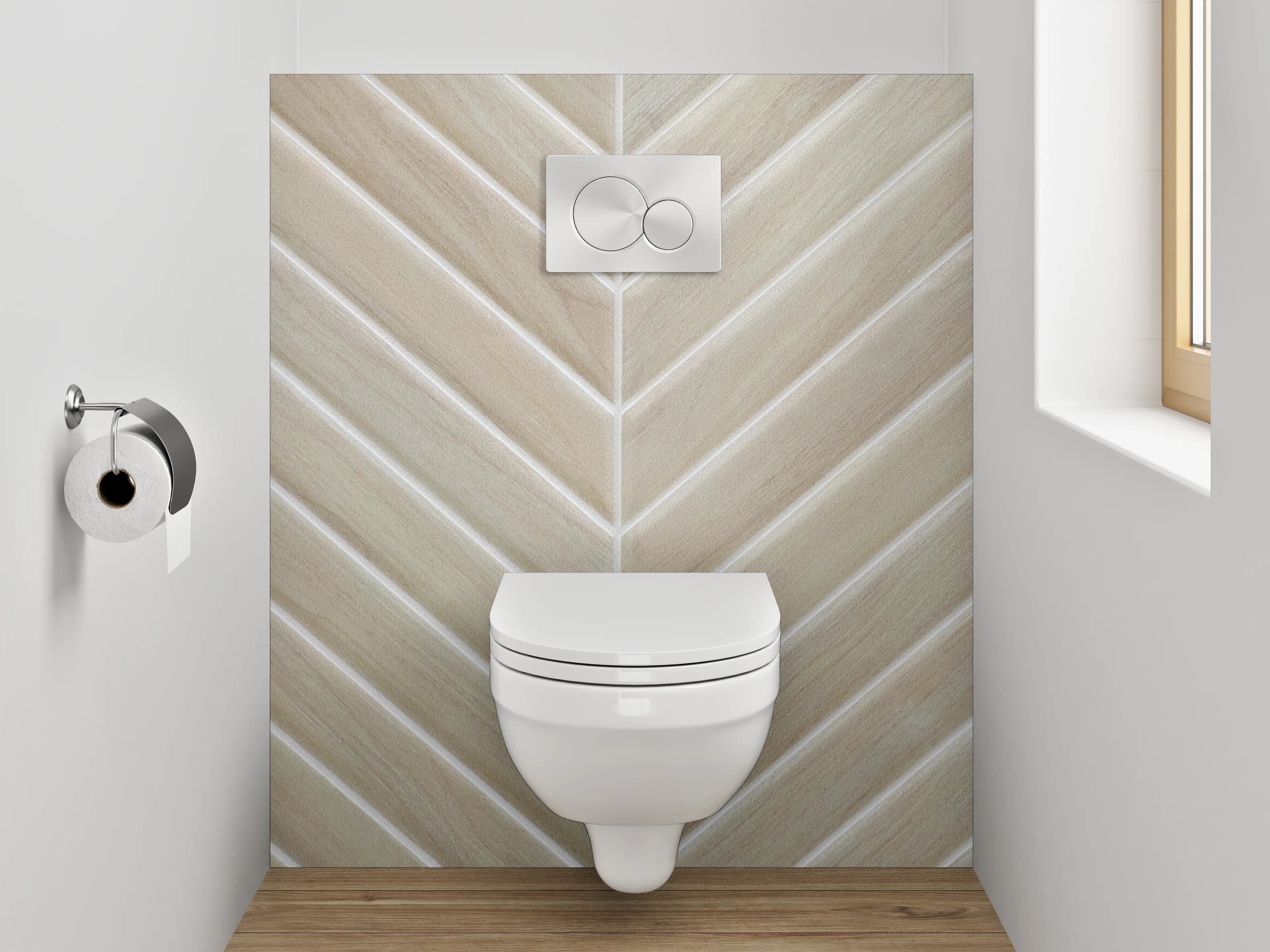 WC-Rückwand - Helle Holzoptik Chevron Fliesenmuster