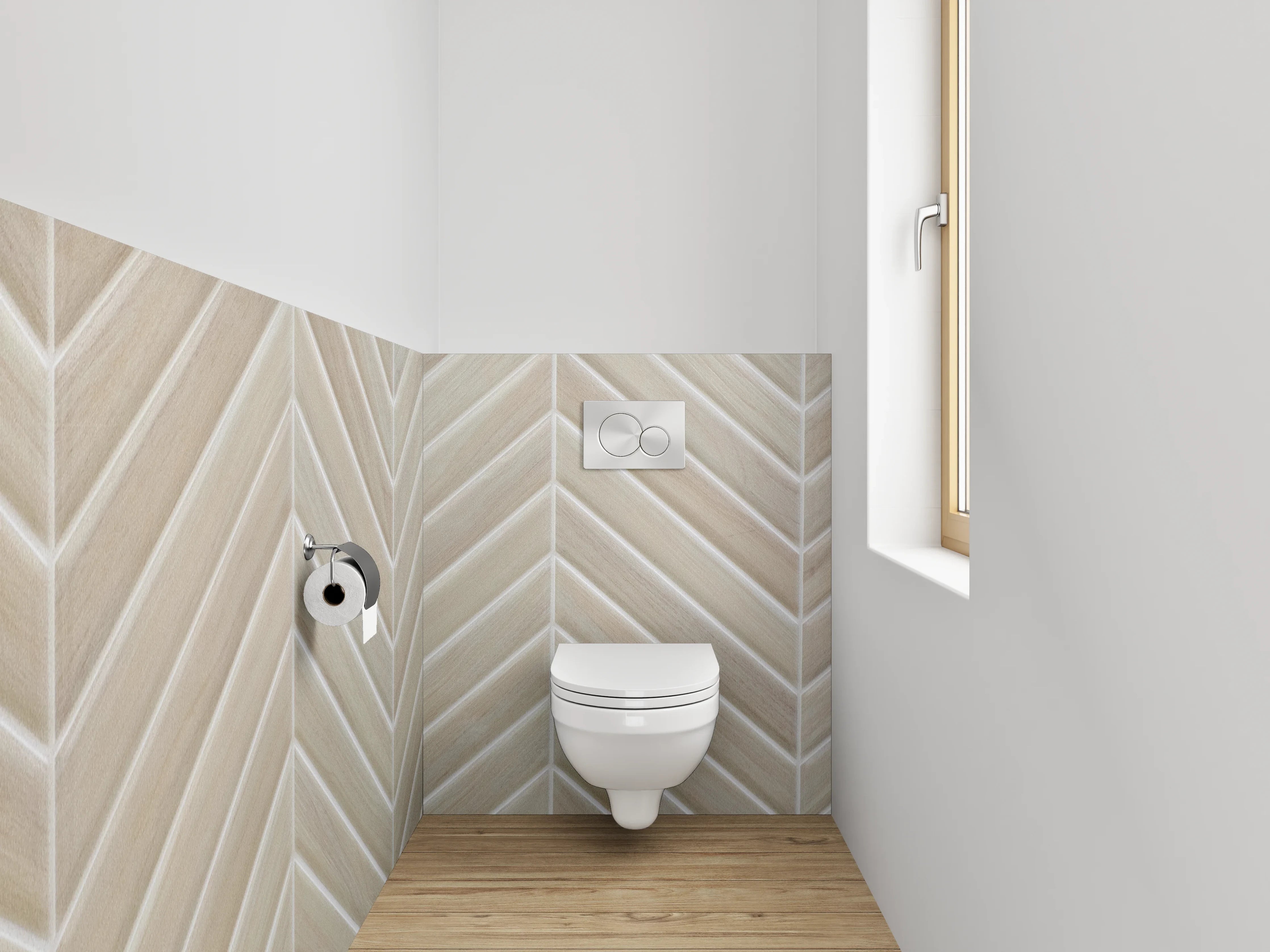 WC-Rückwand - Helle Holzoptik Chevron Fliesenmuster
