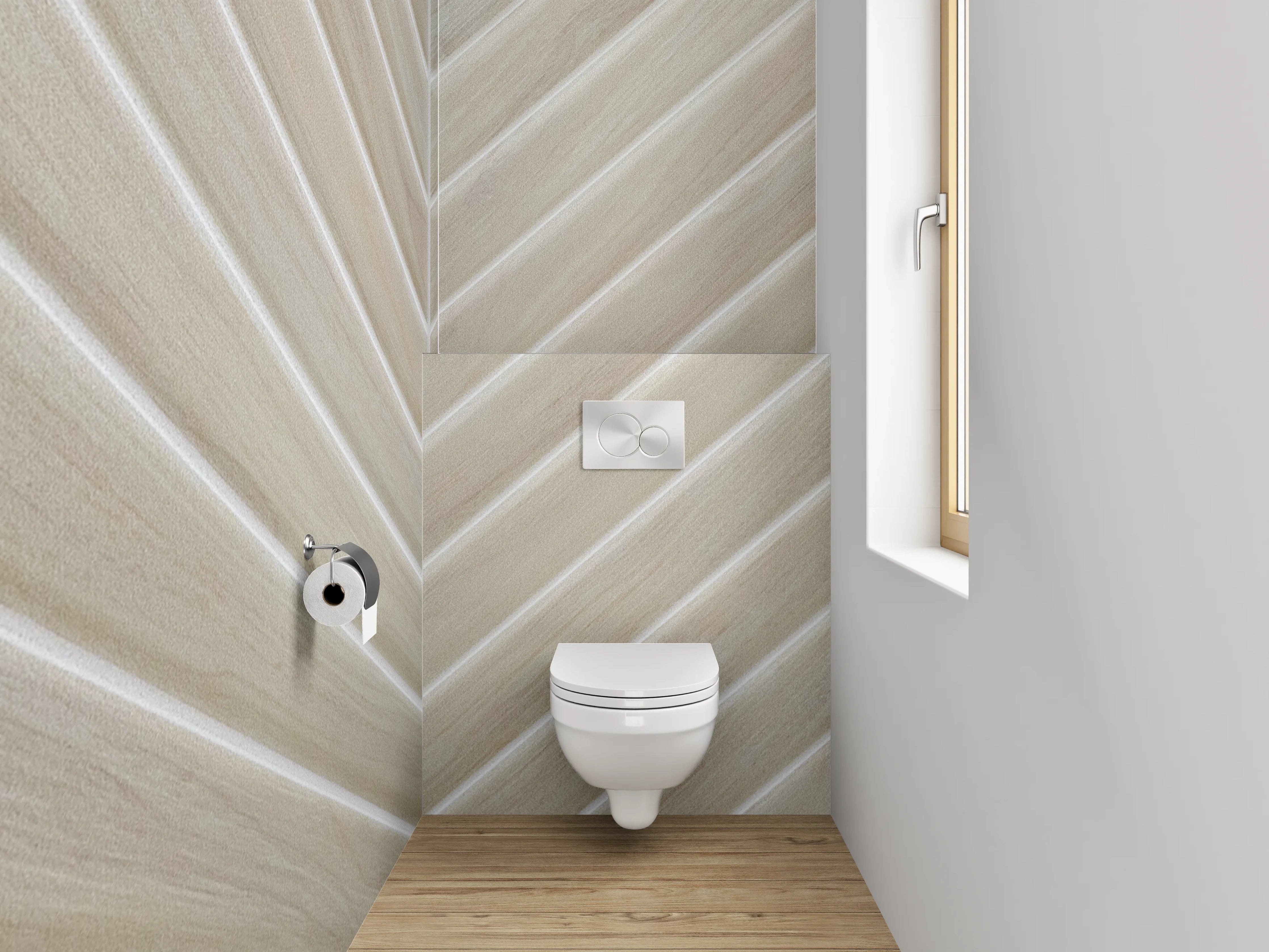 WC-Rückwand - Helle Holzoptik Chevron Fliesenmuster