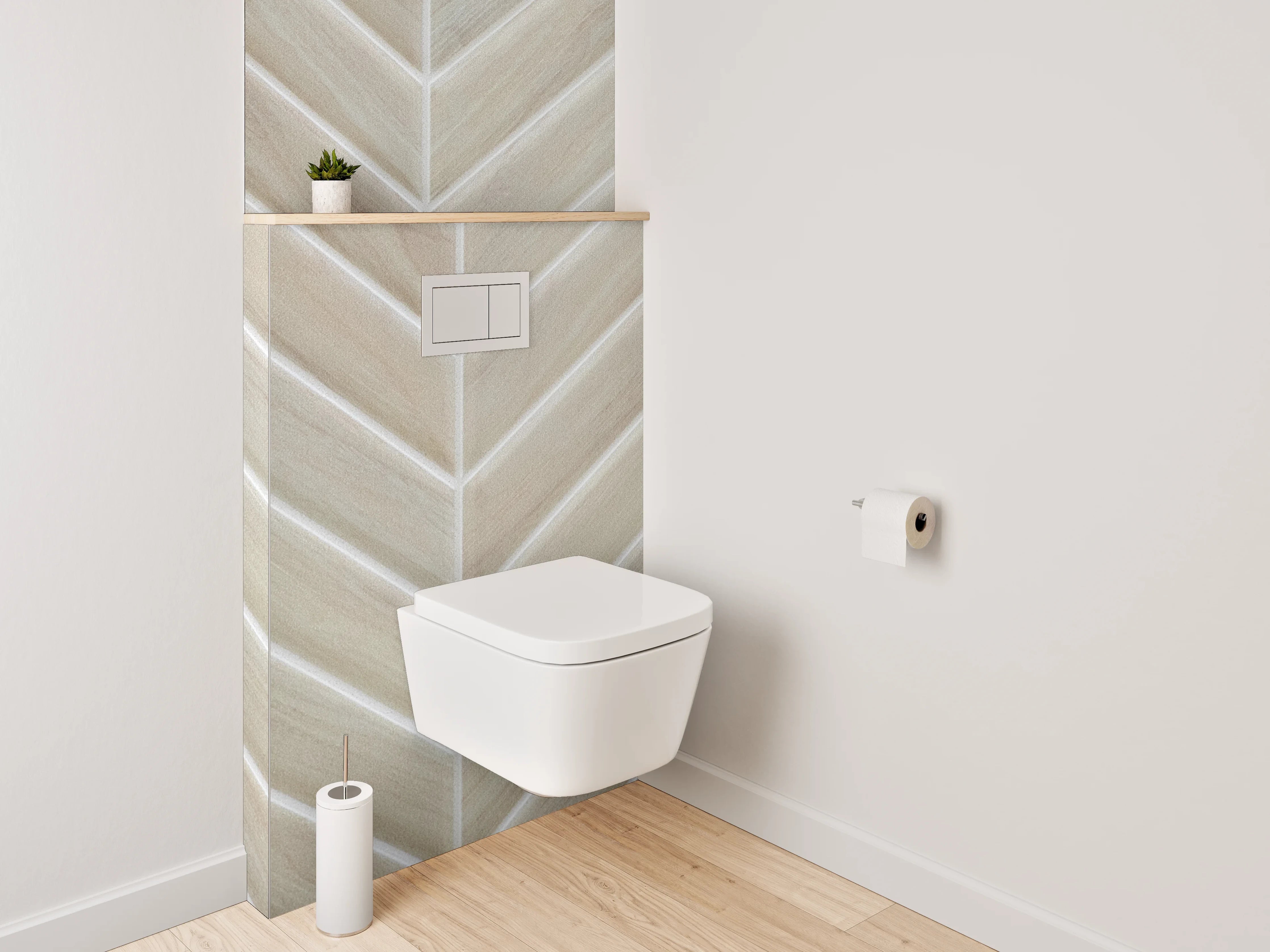 WC-Rückwand - Helle Holzoptik Chevron Fliesenmuster