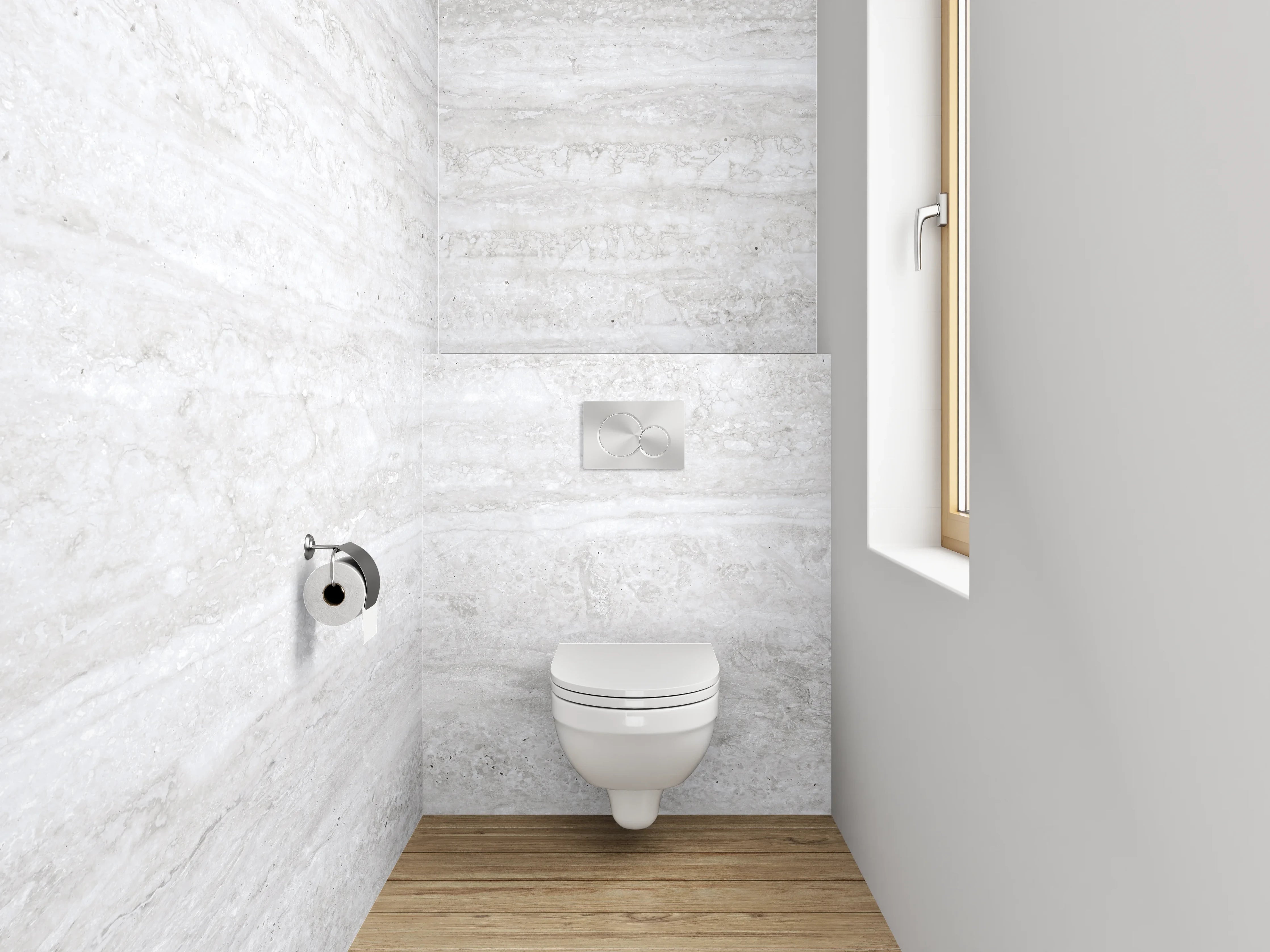 WC-Rückwand - Helle Holztapete in neutralen Tönen