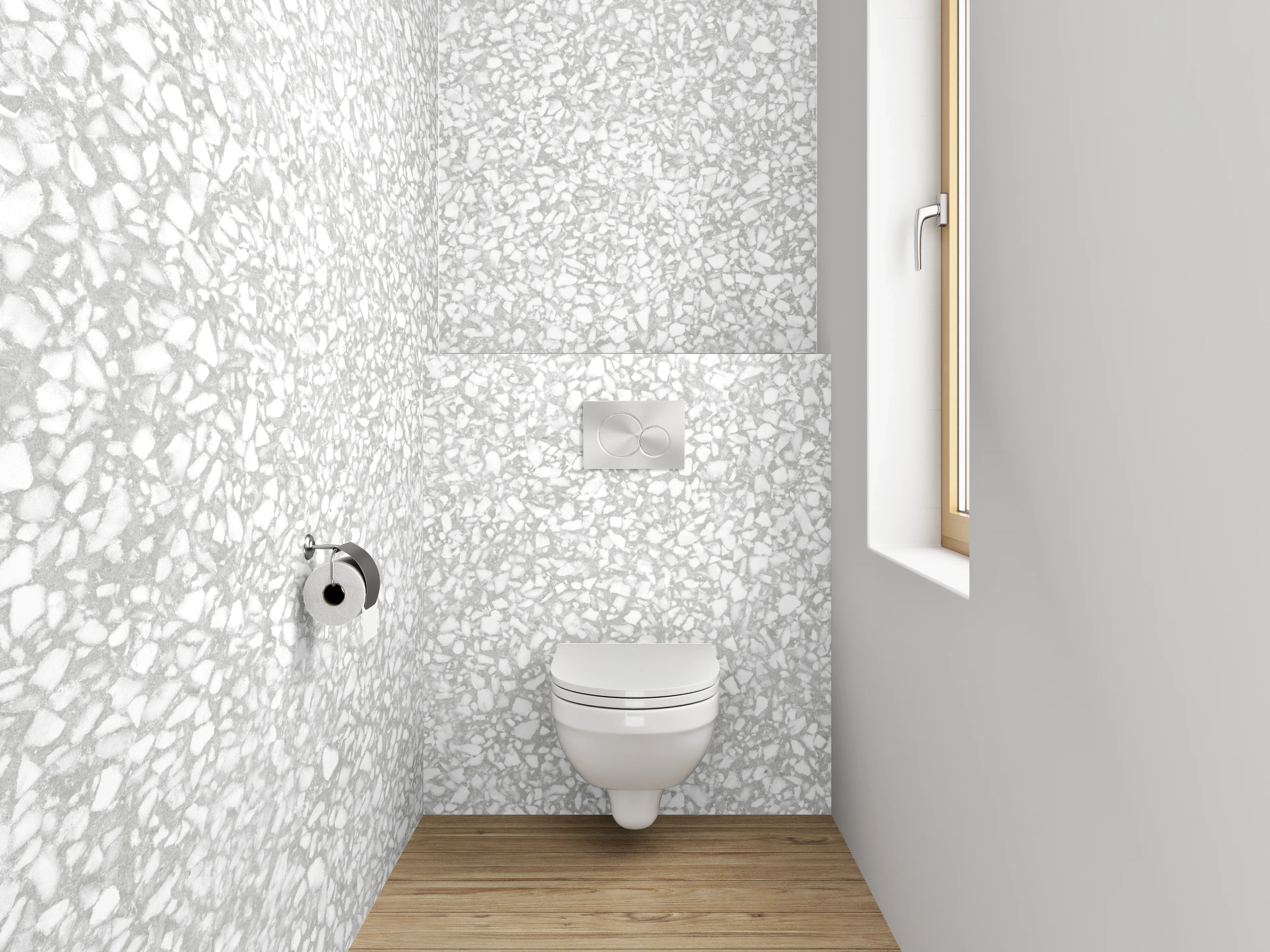 WC-Rückwand - Helle Marmorstruktur in Weiß und Grau