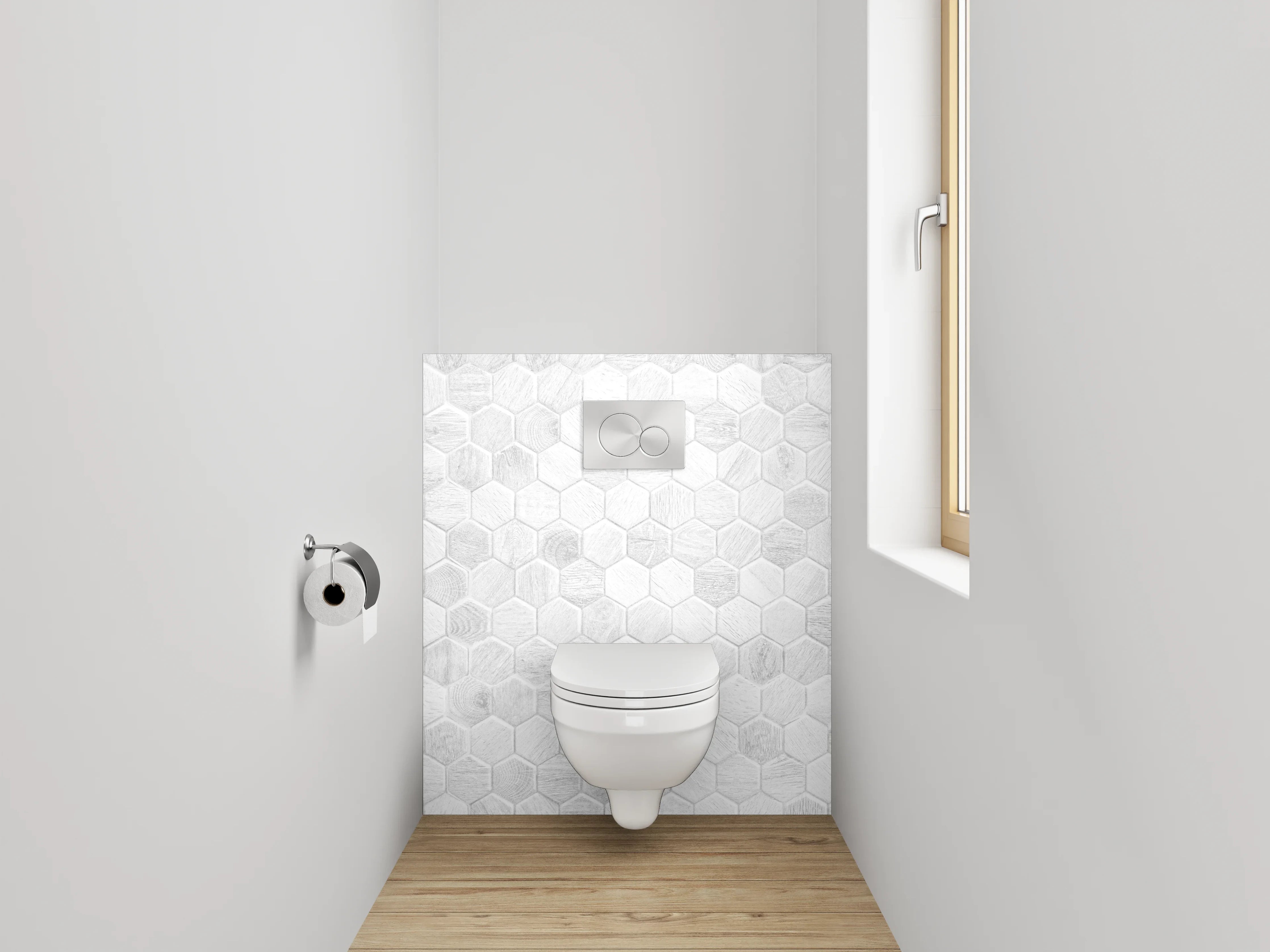 WC-Rückwand - Helle hexagonale Mosaik-Fliesen weiß-grau