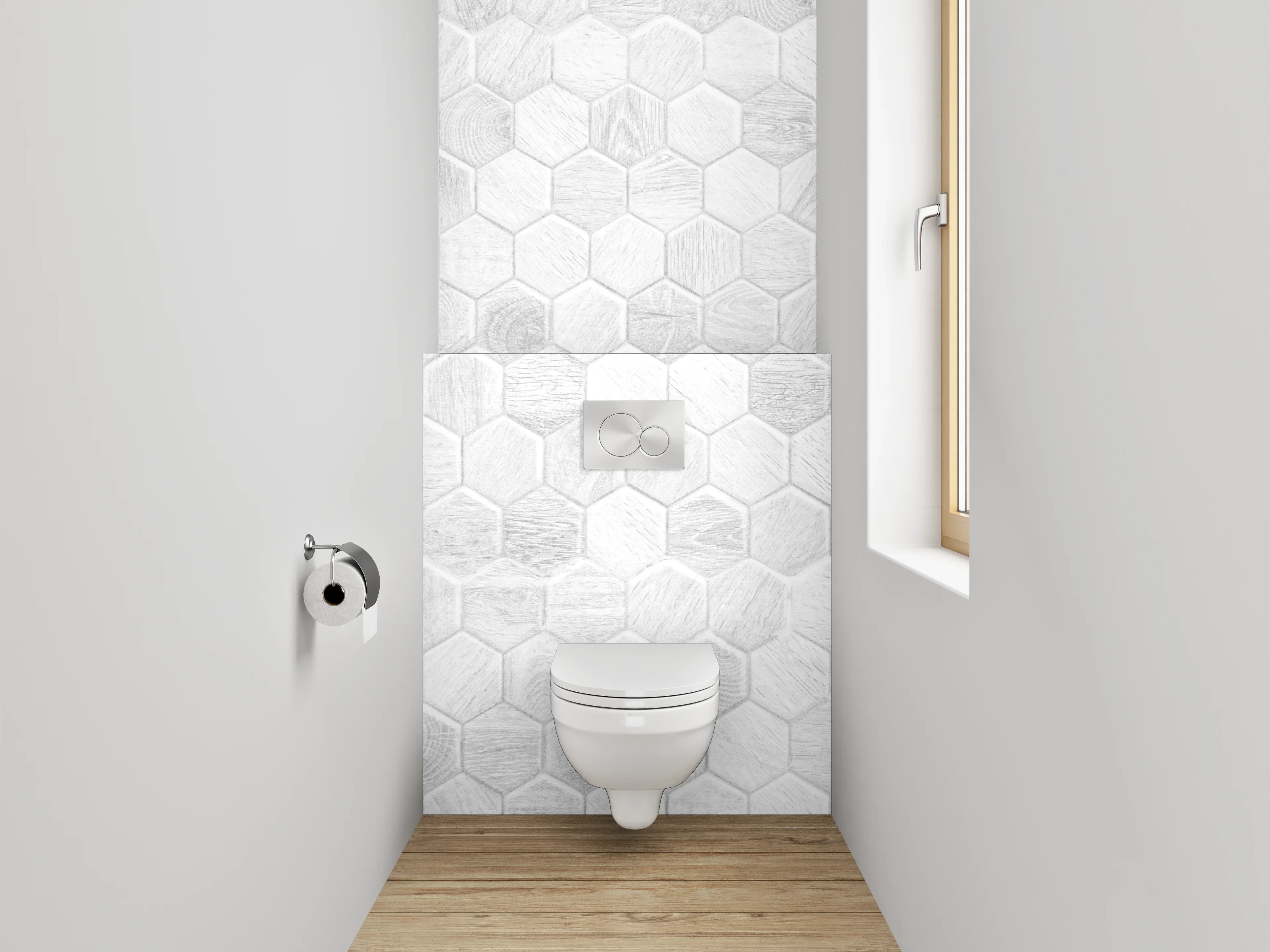 WC-Rückwand - Helle hexagonale Mosaik-Fliesen weiß-grau