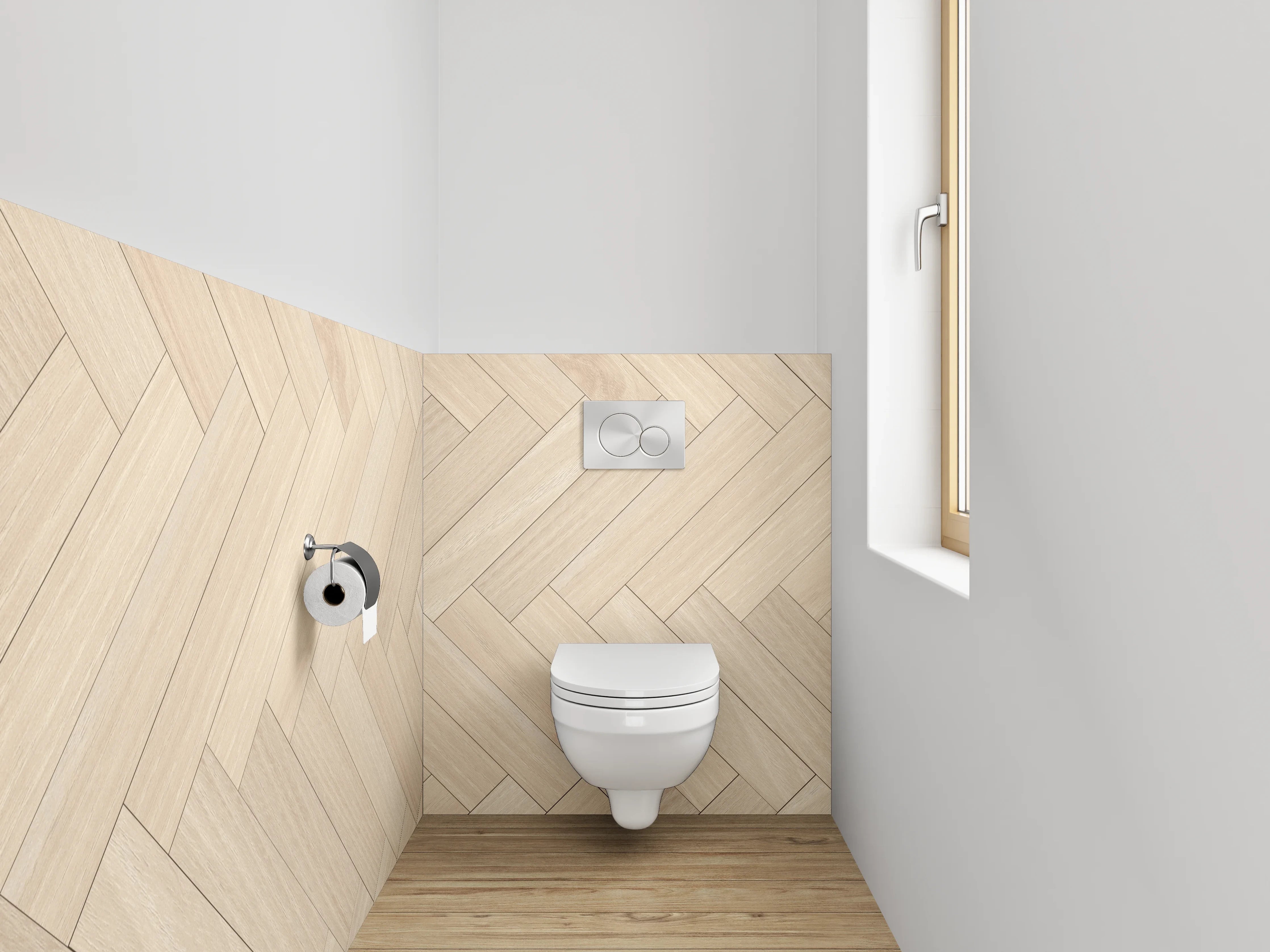 WC-Rückwand - Heller Holzparkett im Herringbone-Muster
