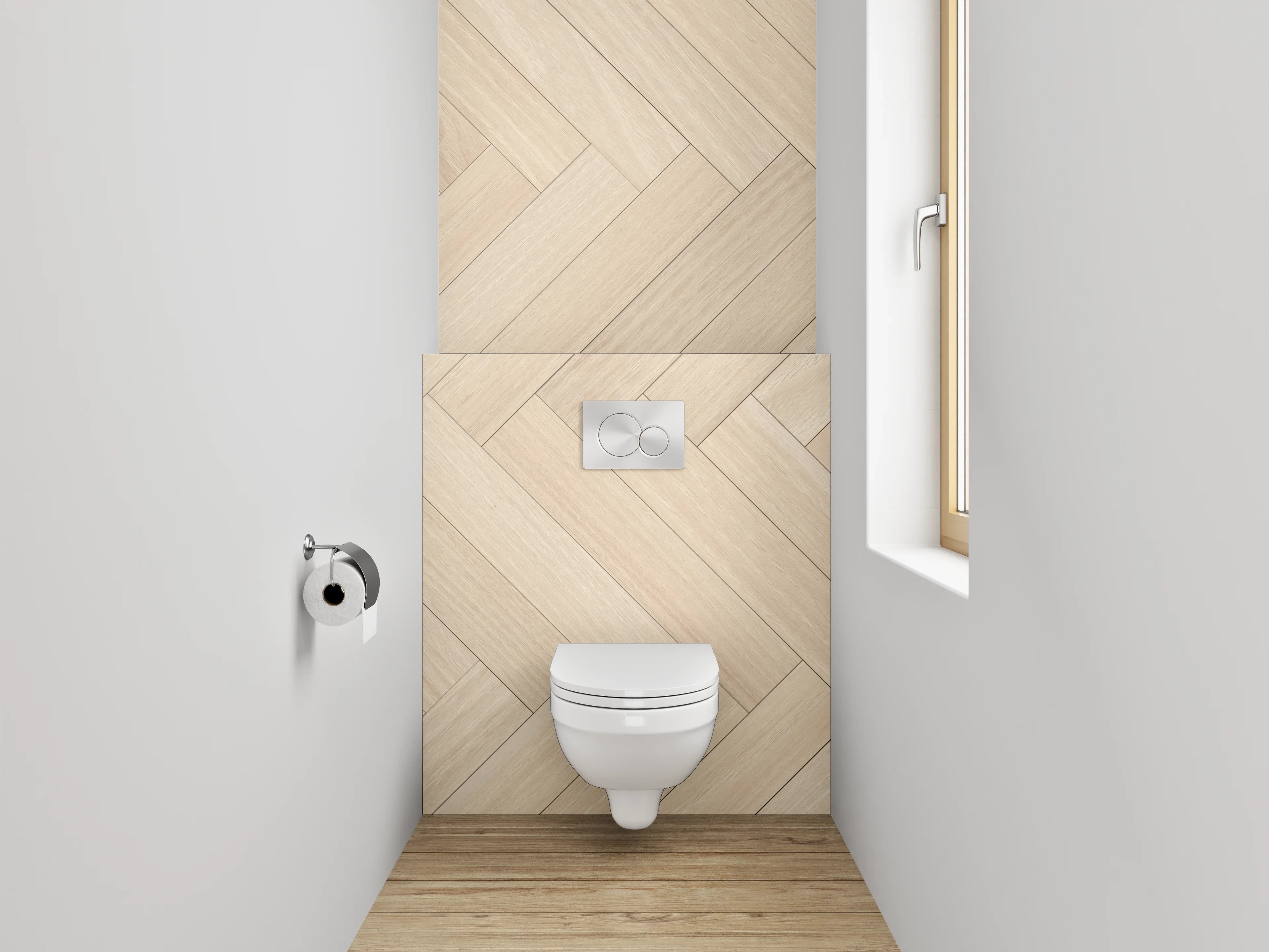 WC-Rückwand - Heller Holzparkett im Herringbone-Muster