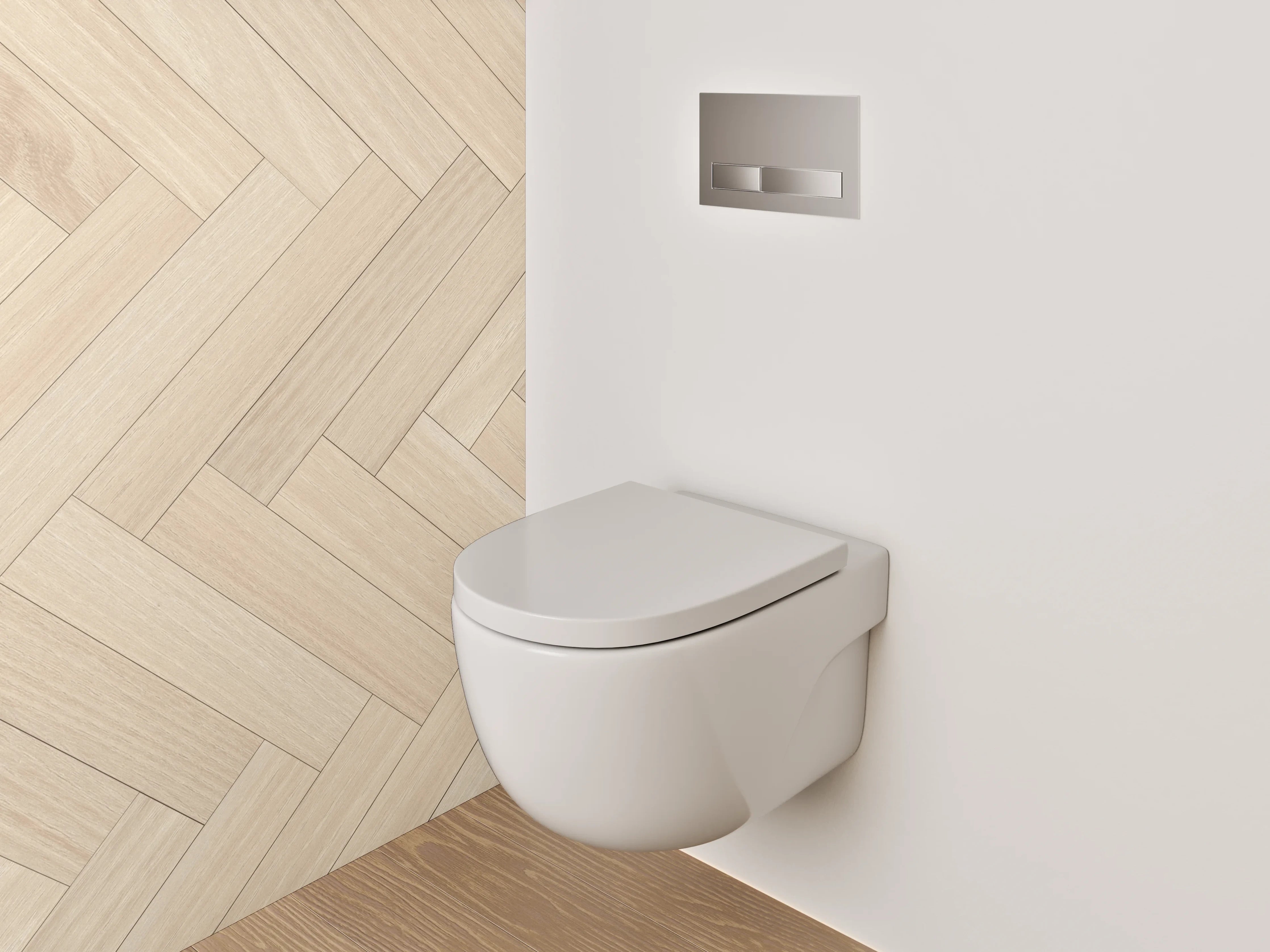 WC-Rückwand - Heller Holzparkett im Herringbone-Muster