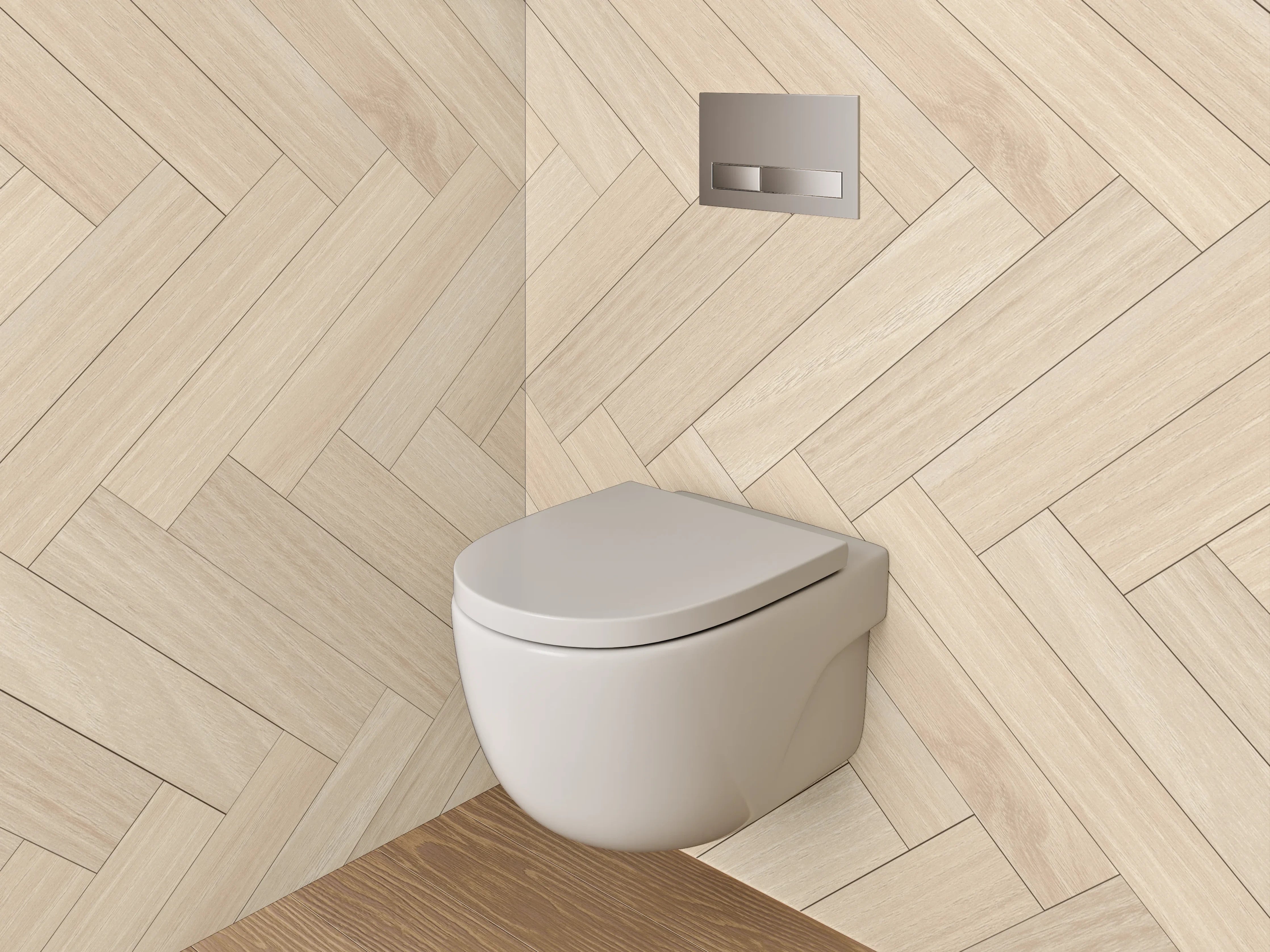 WC-Rückwand - Heller Holzparkett im Herringbone-Muster