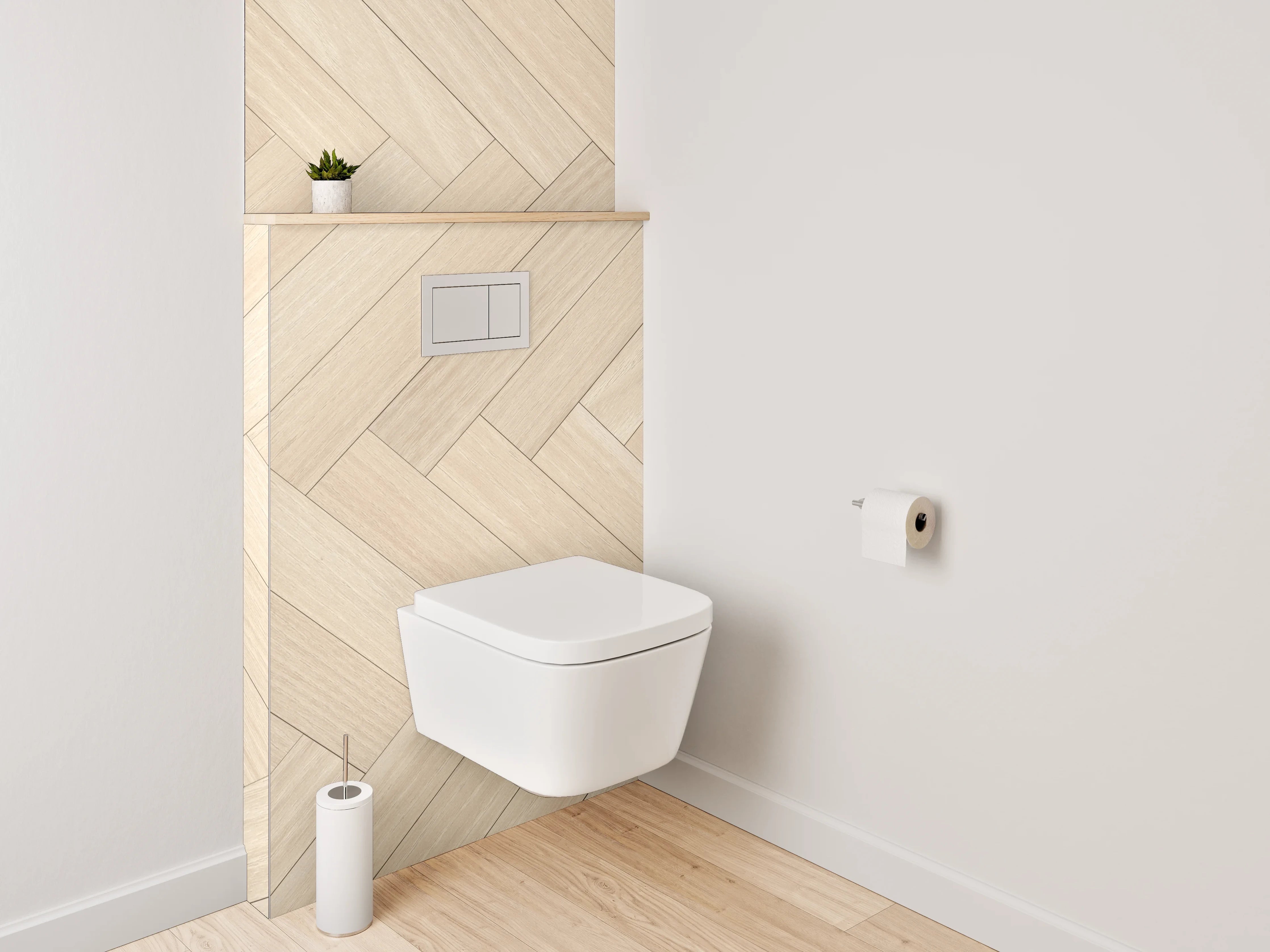 WC-Rückwand - Heller Holzparkett im Herringbone-Muster