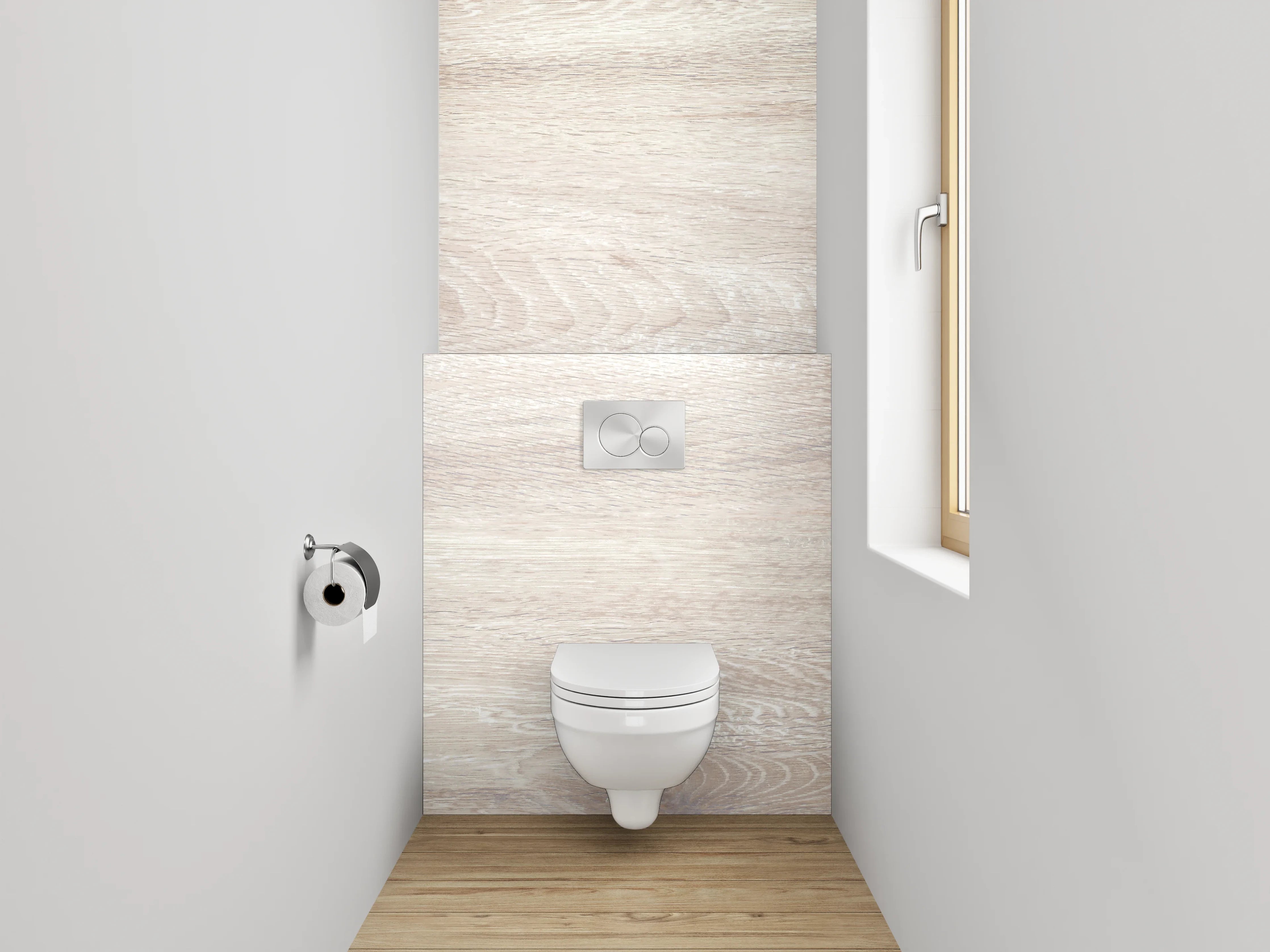 WC-Rückwand - Helles Holzdesign mit Weiß-Grau