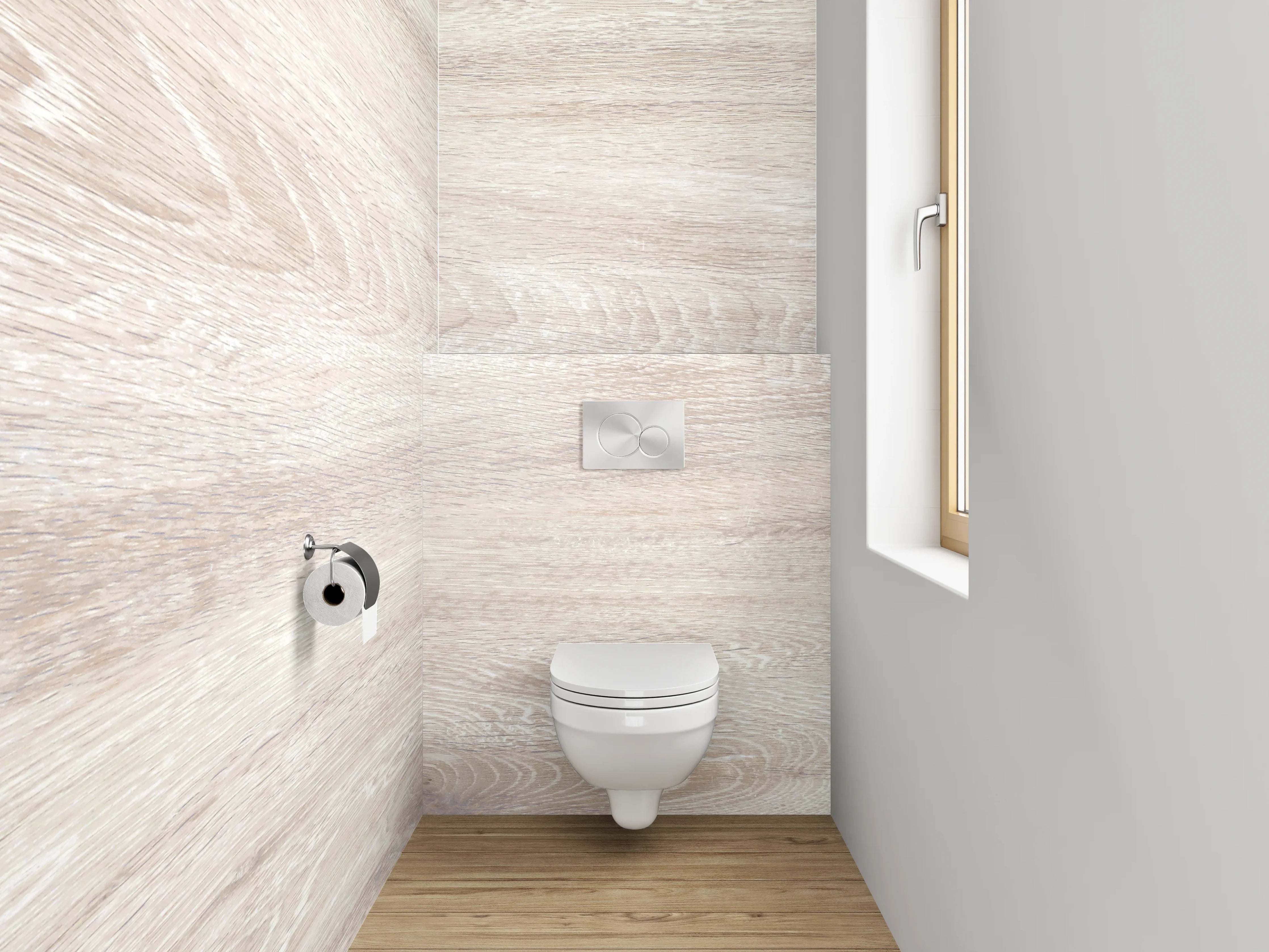 WC-Rückwand - Helles Holzdesign mit Weiß-Grau