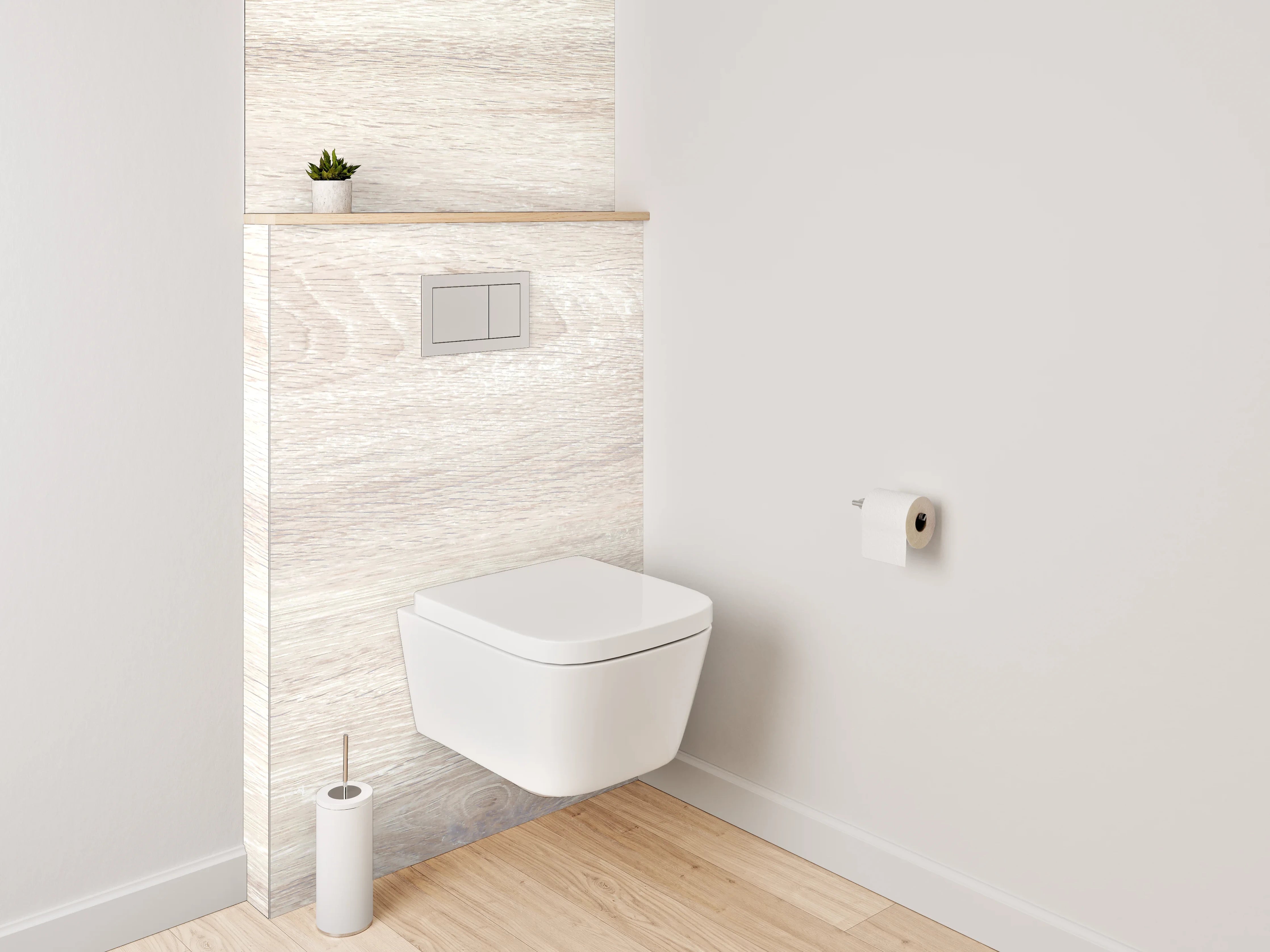 WC-Rückwand - Helles Holzdesign mit Weiß-Grau