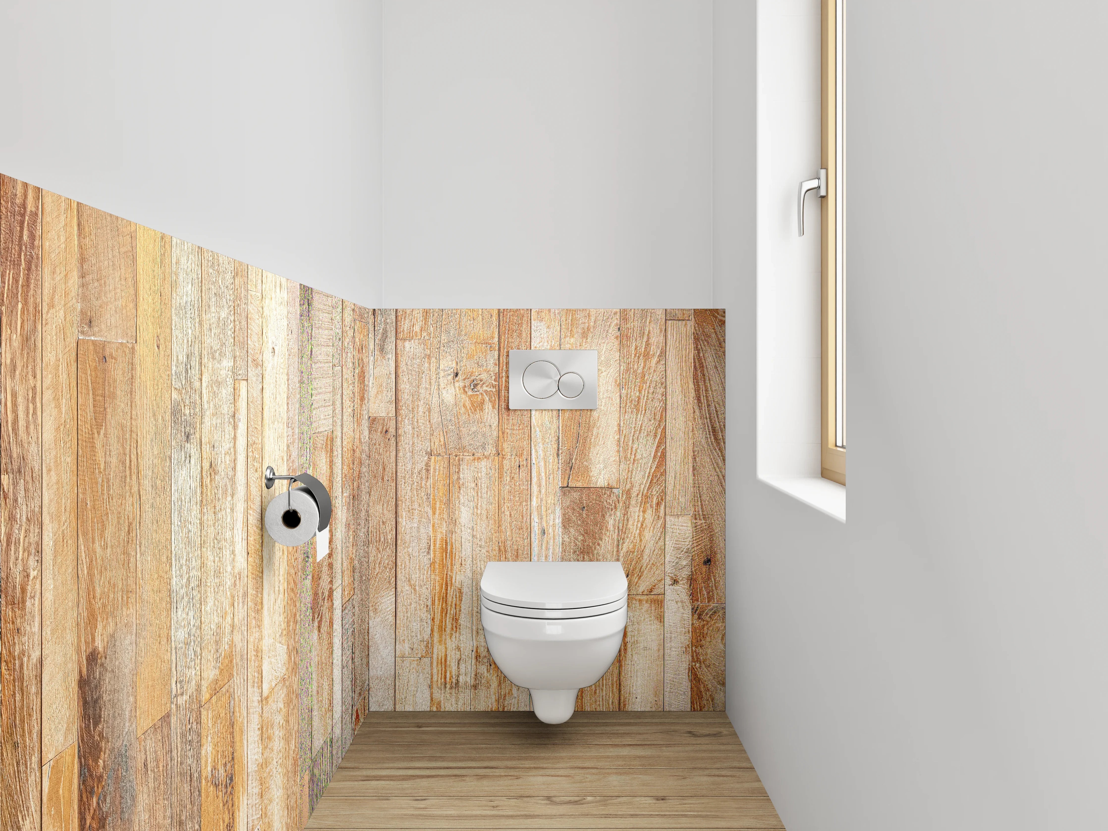 WC-Rückwand - Helles Holzparkett im natürlichen Design
