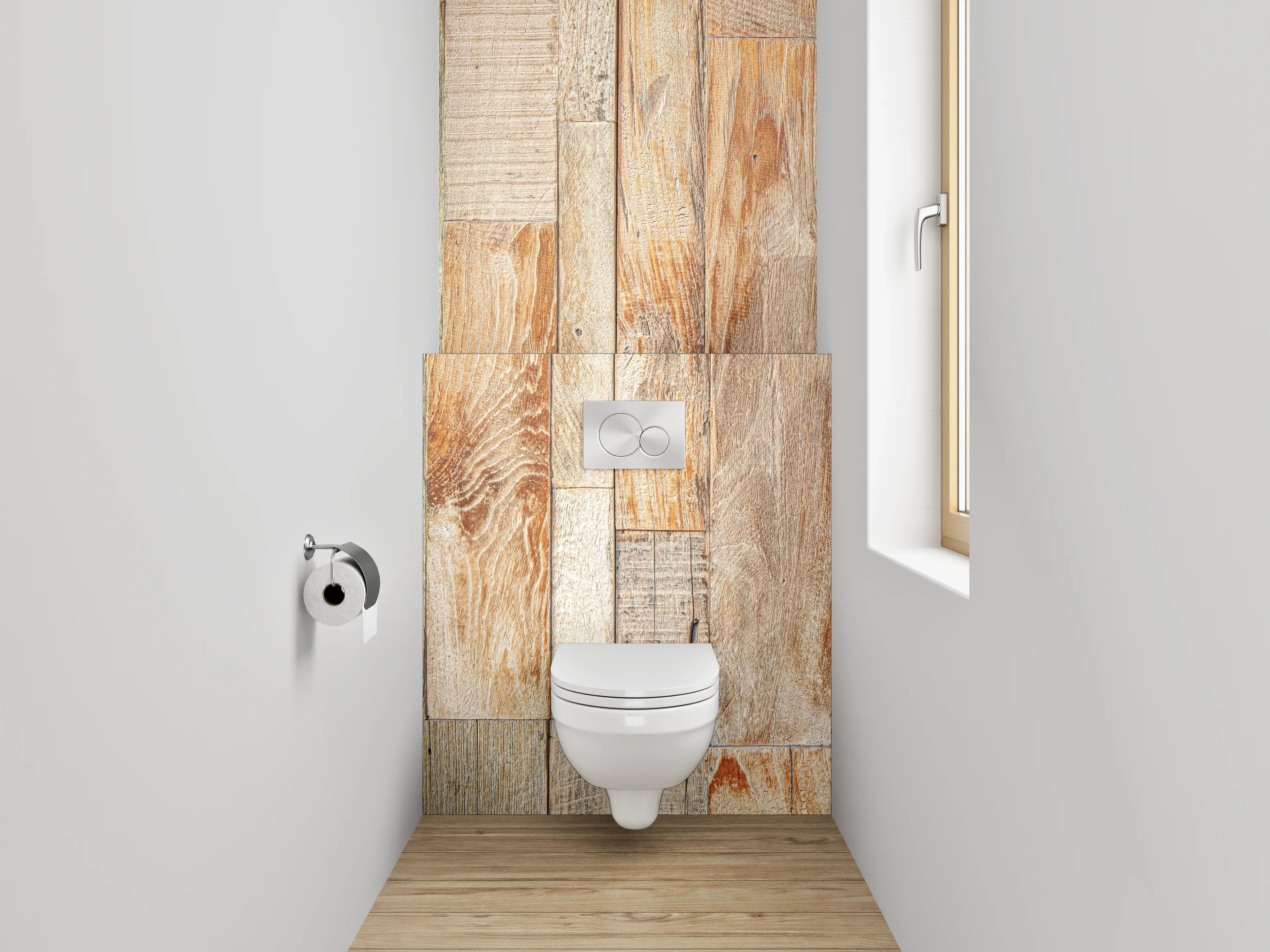 WC-Rückwand - Helles Holzparkett im natürlichen Design