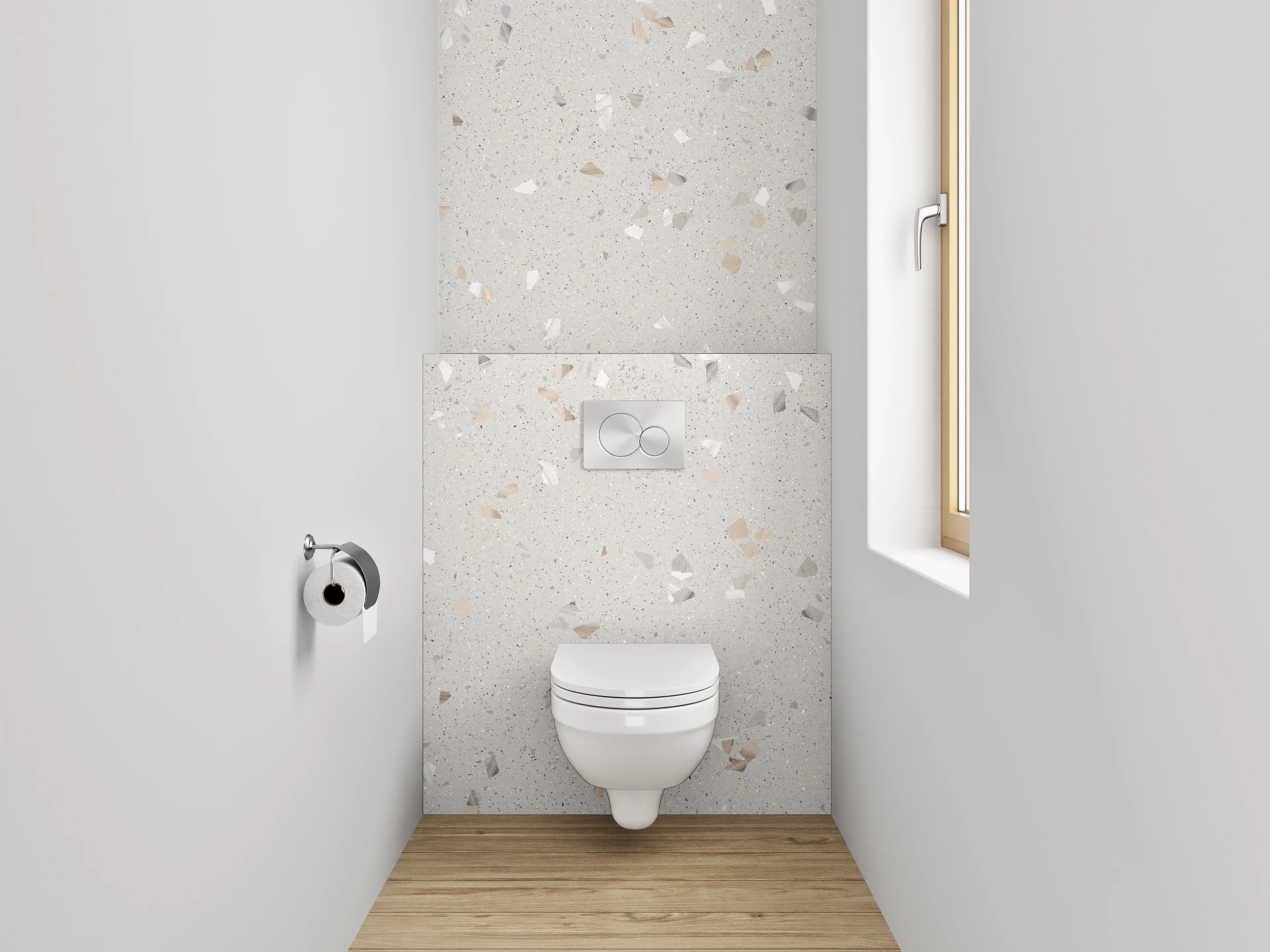 WC-Rückwand - Helles Terrazzo-Fliesenmuster Weiß-Grau