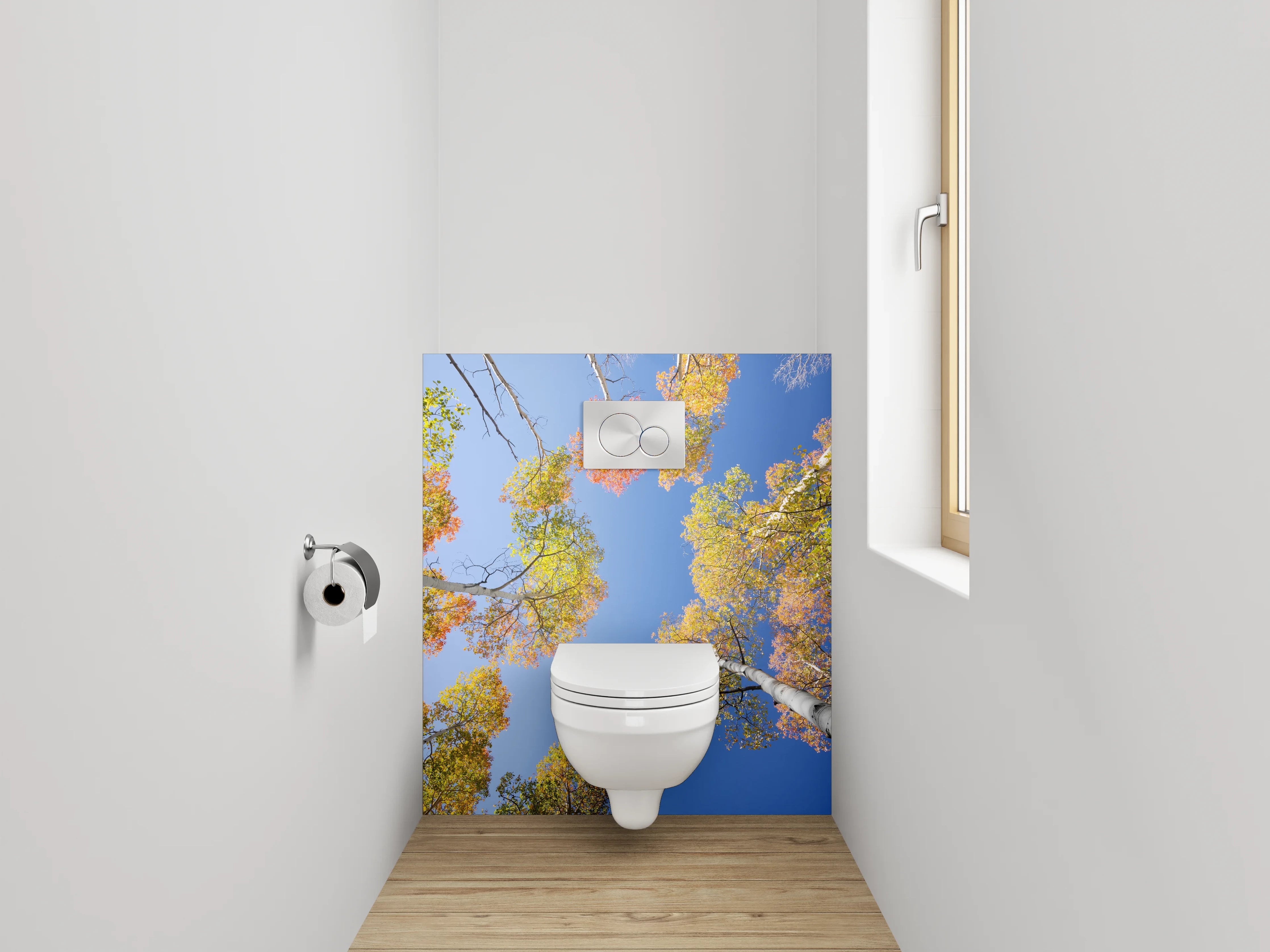 WC-Rückwand - Herbstliche Baumwipfel vor blauem Himmel