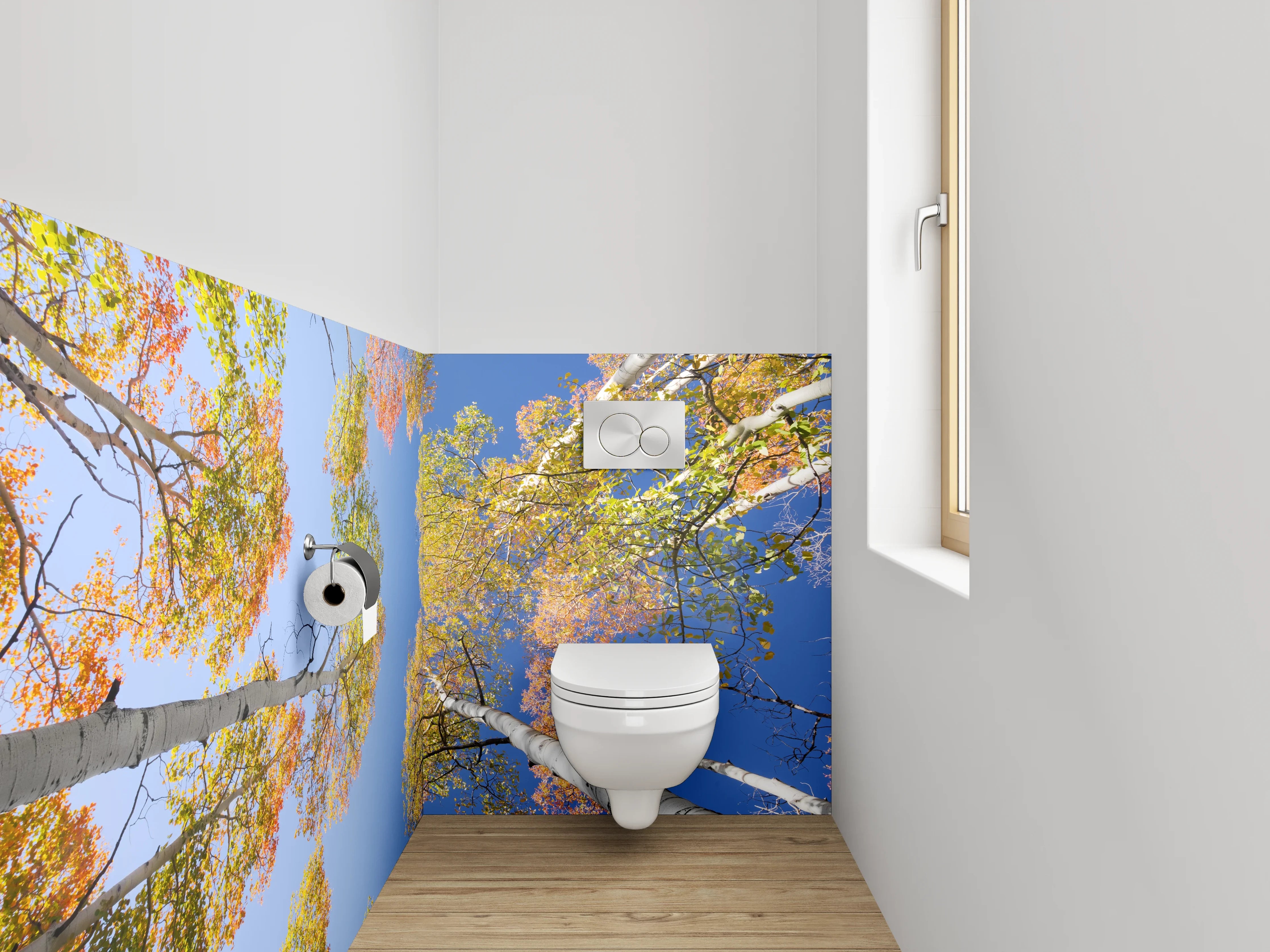 WC-Rückwand - Herbstliche Baumwipfel vor blauem Himmel