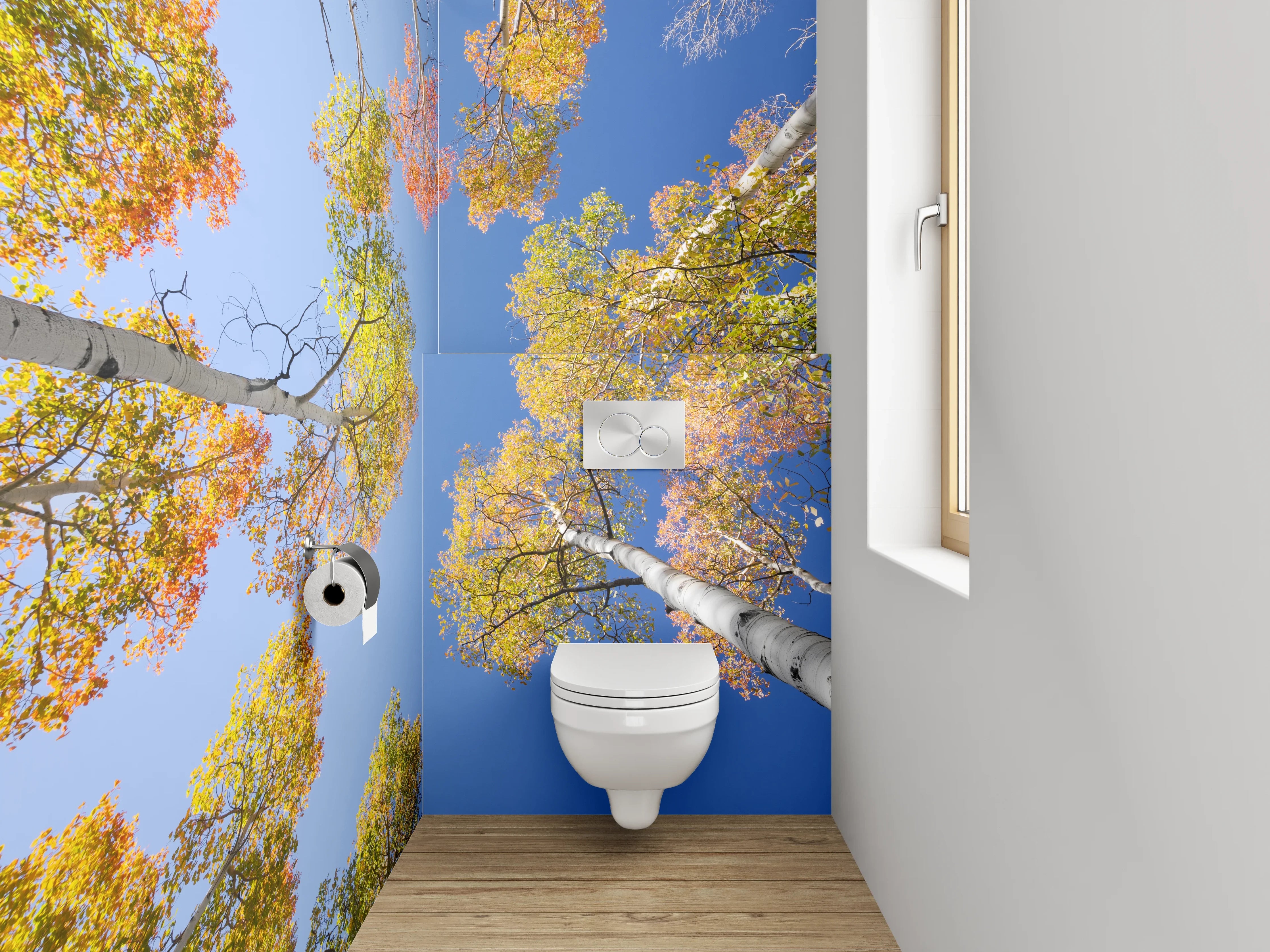 WC-Rückwand - Herbstliche Baumwipfel vor blauem Himmel