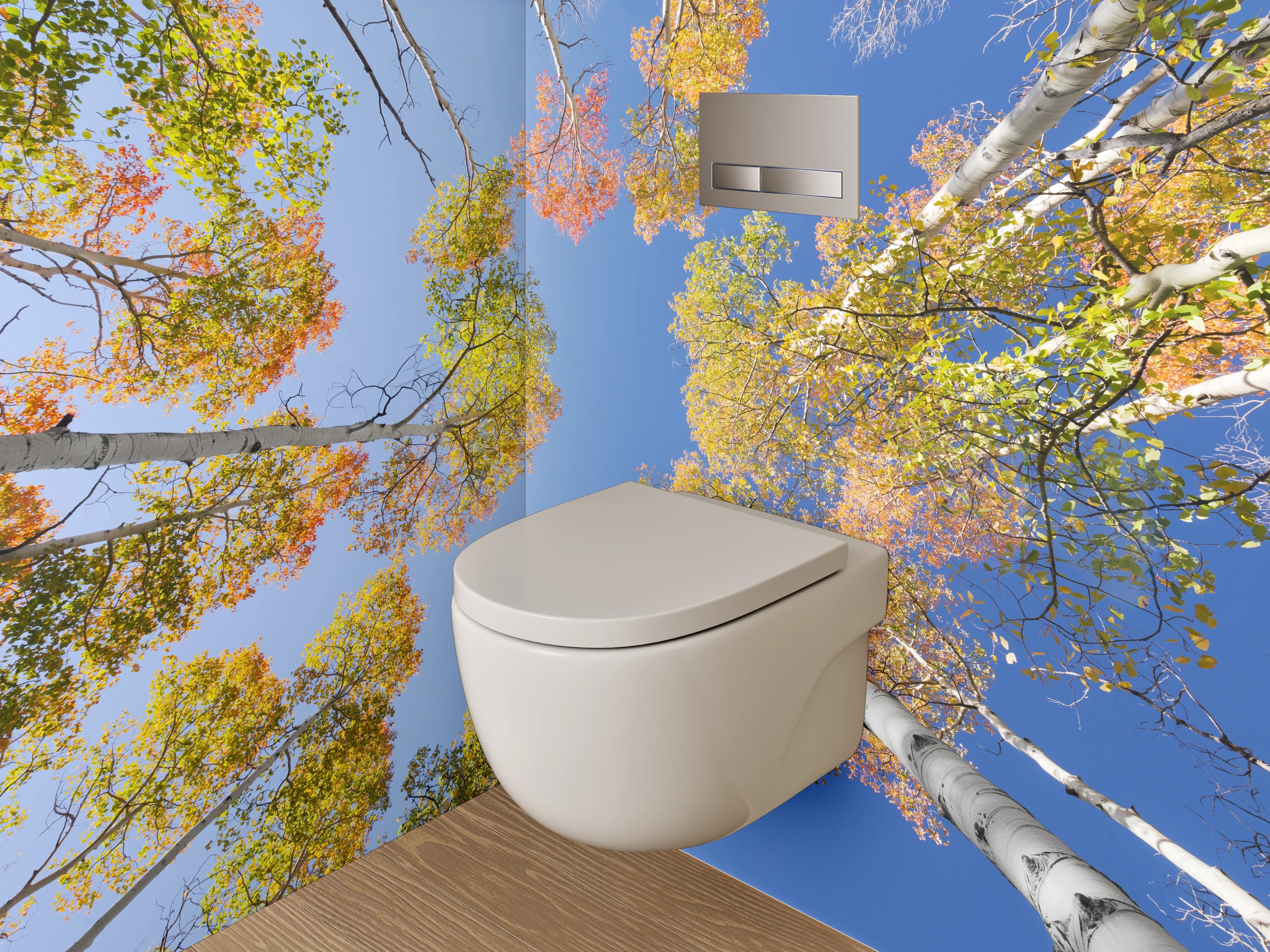 WC-Rückwand - Herbstliche Baumwipfel vor blauem Himmel