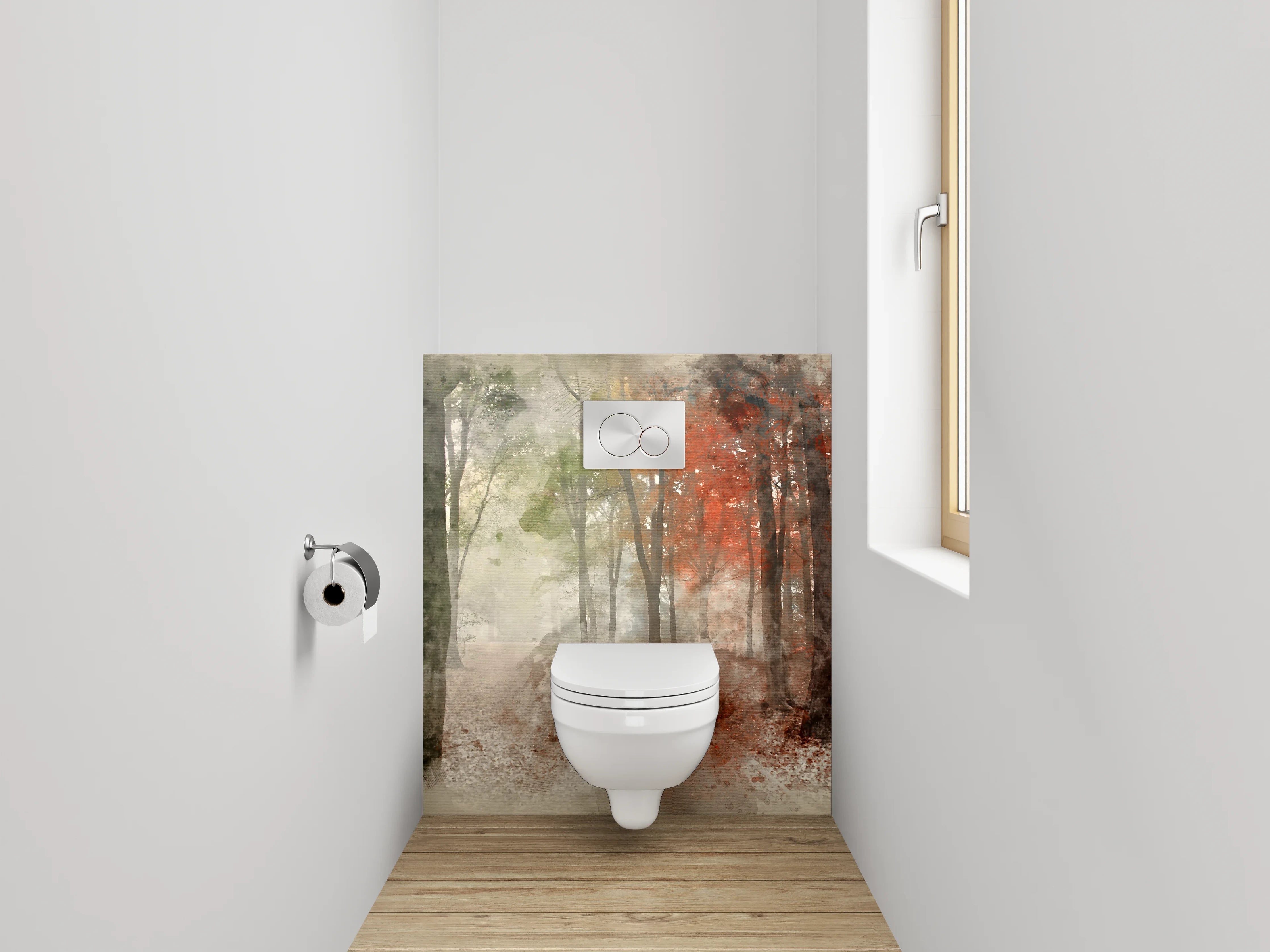 WC-Rückwand - Herbstlicher Aquarell-Wald im Nebel
