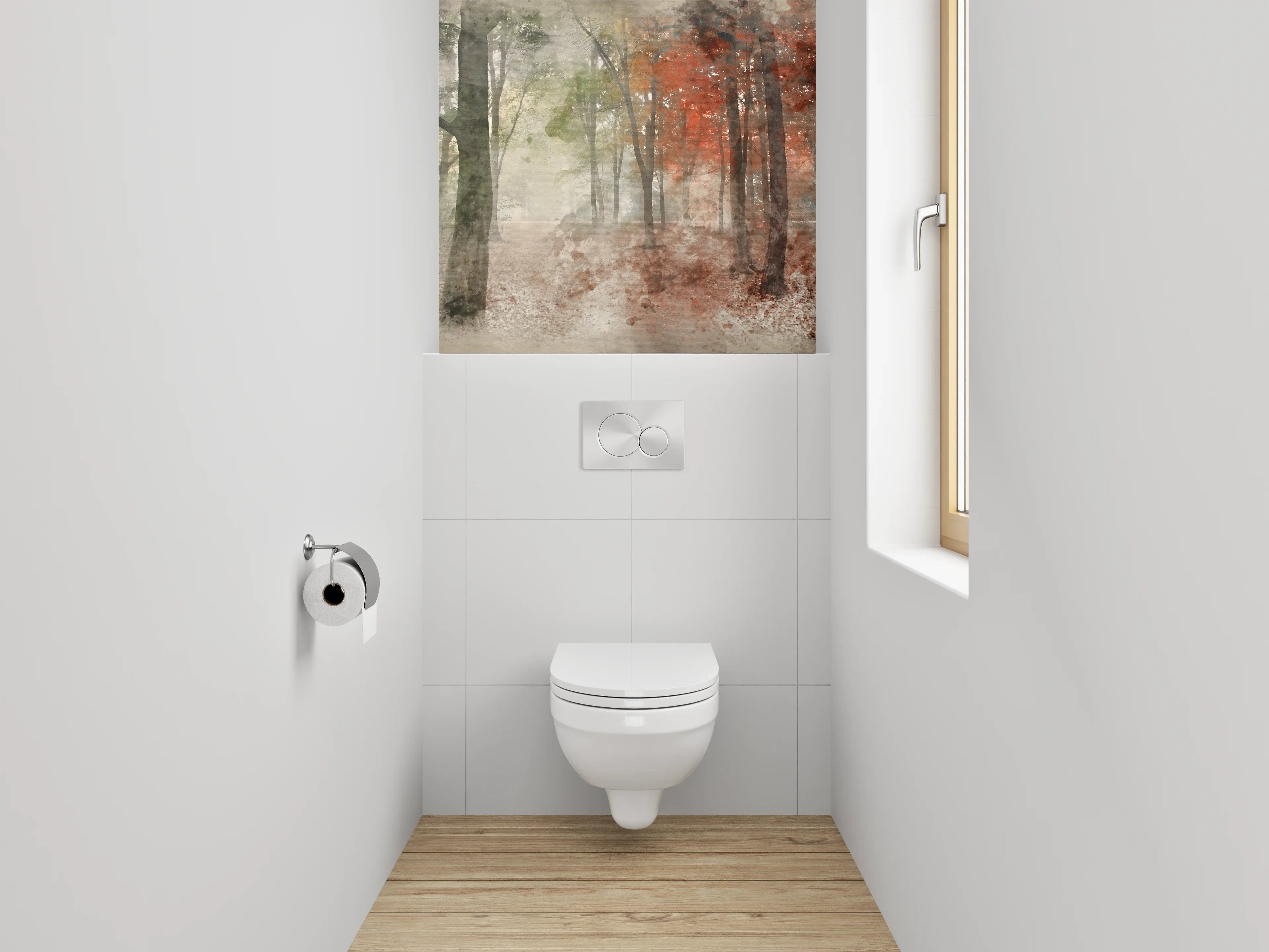 WC-Rückwand - Herbstlicher Aquarell-Wald im Nebel
