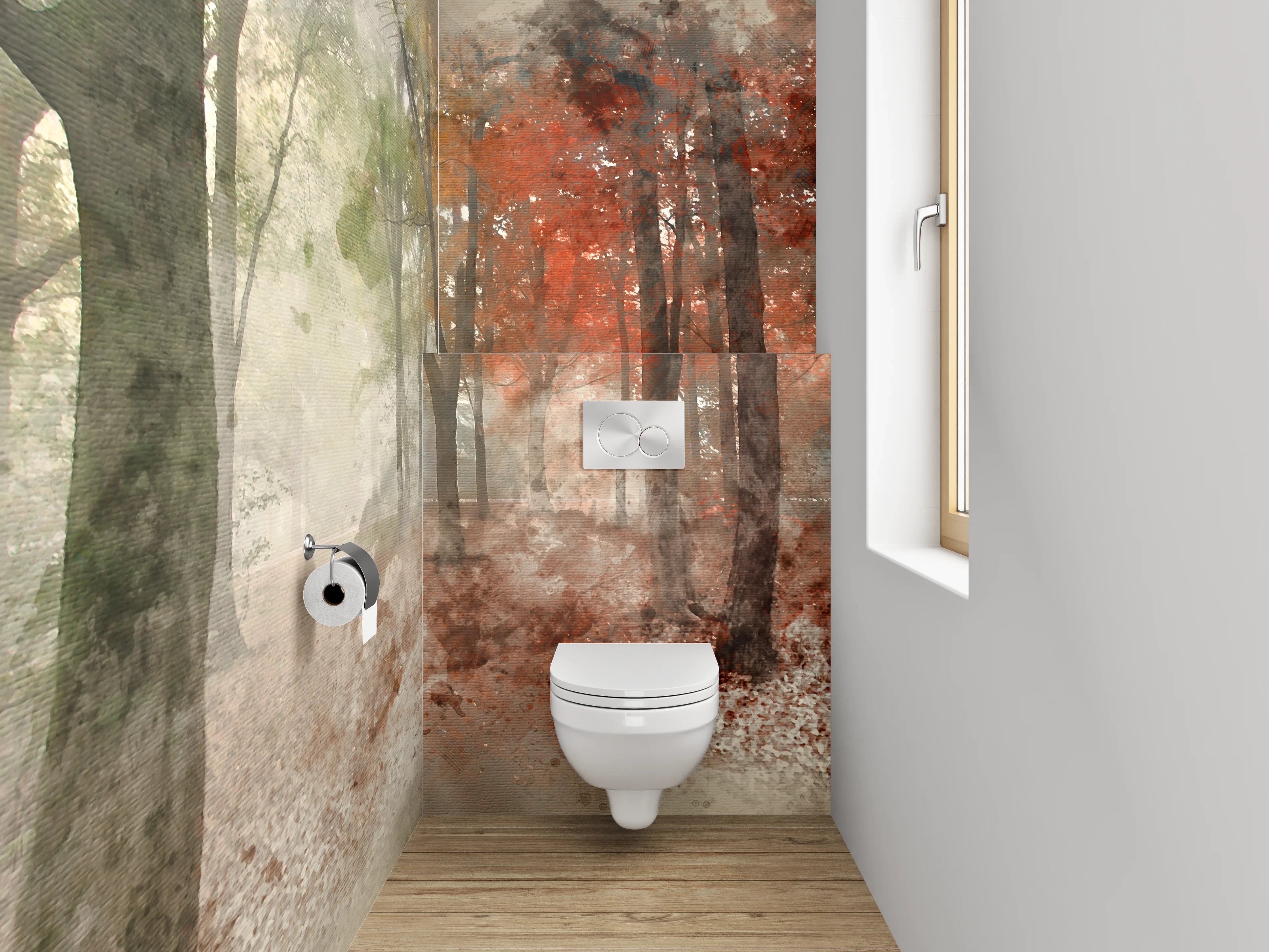 WC-Rückwand - Herbstlicher Aquarell-Wald im Nebel