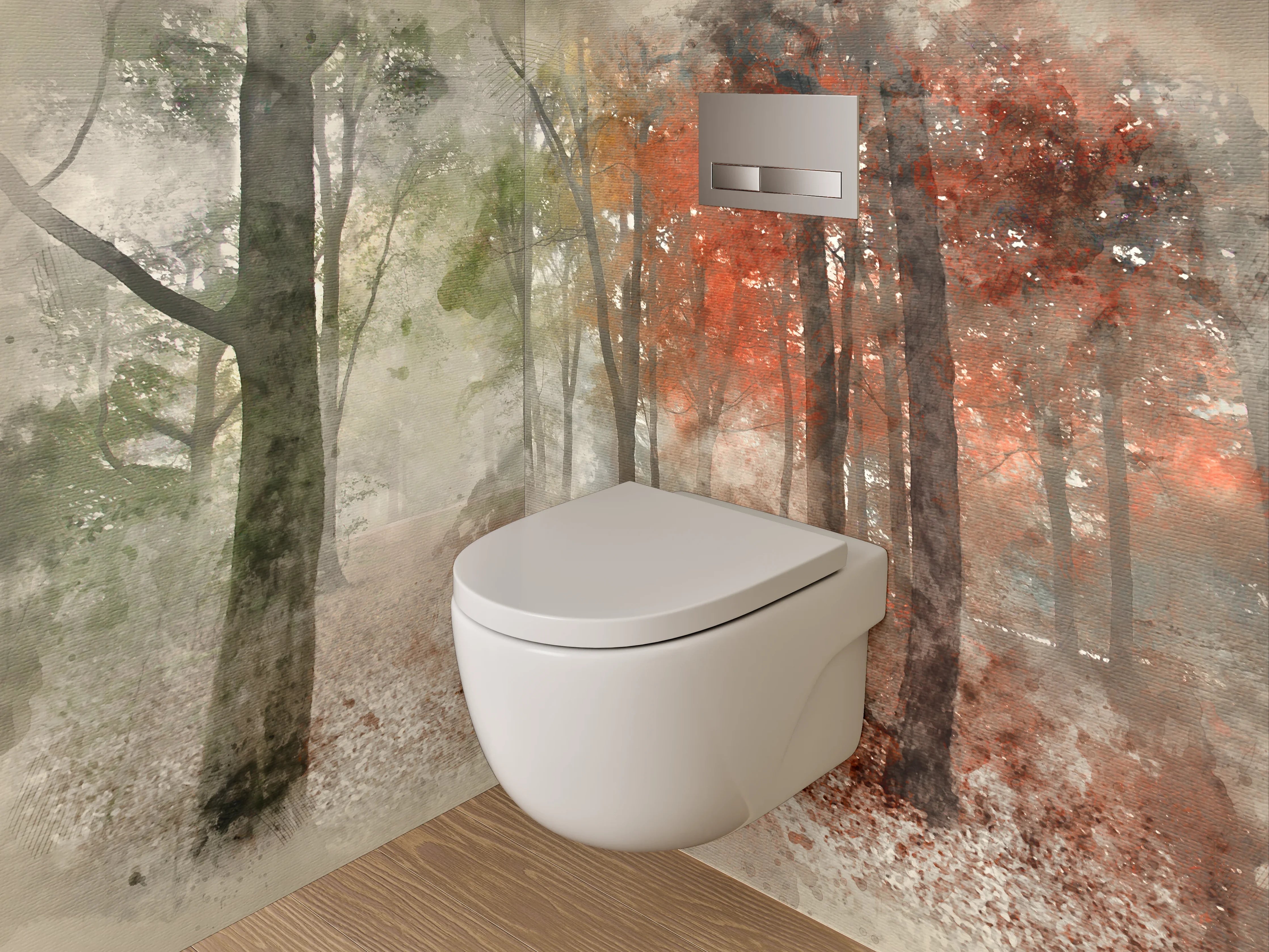 WC-Rückwand - Herbstlicher Aquarell-Wald im Nebel