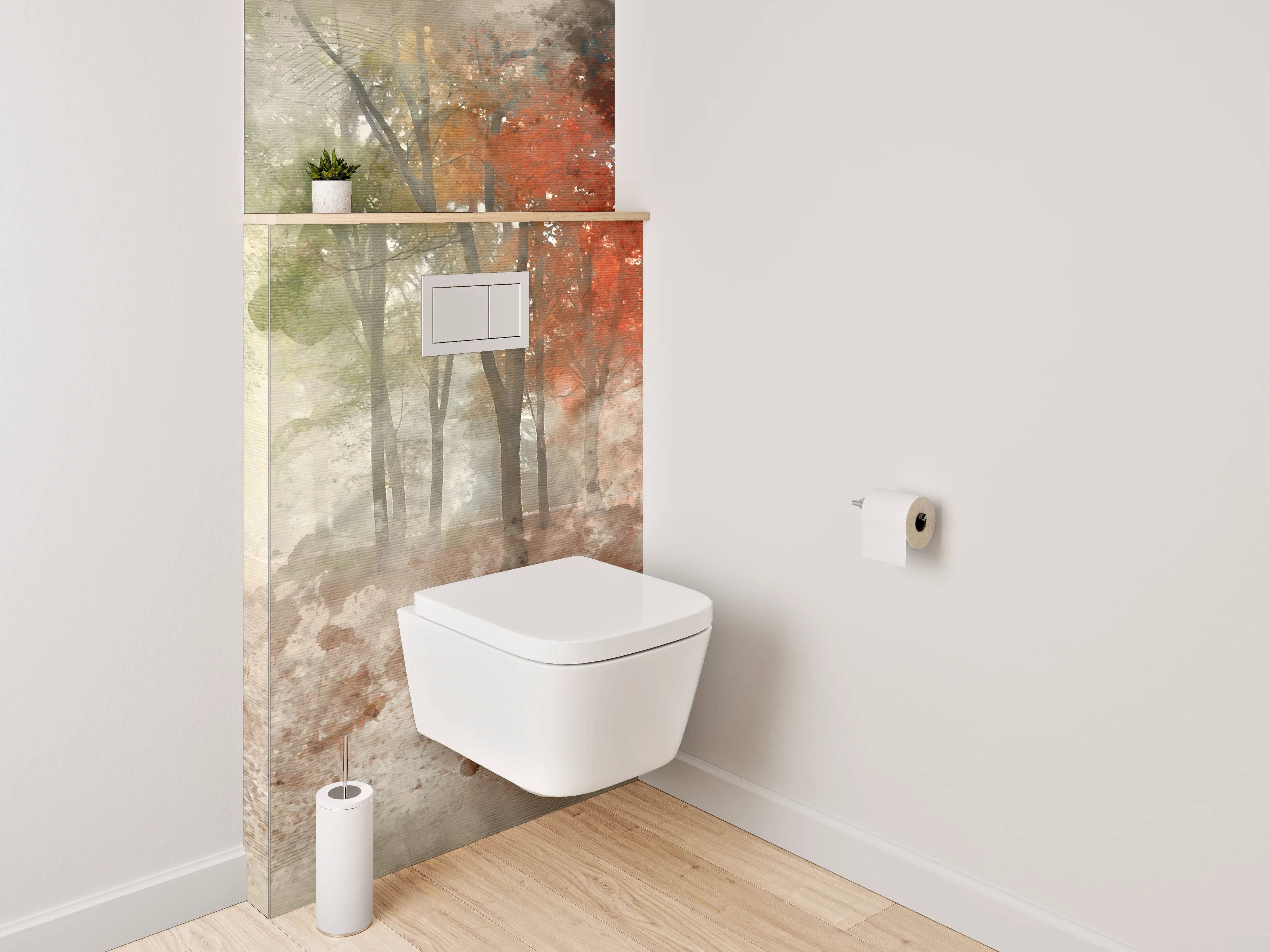 WC-Rückwand - Herbstlicher Aquarell-Wald im Nebel