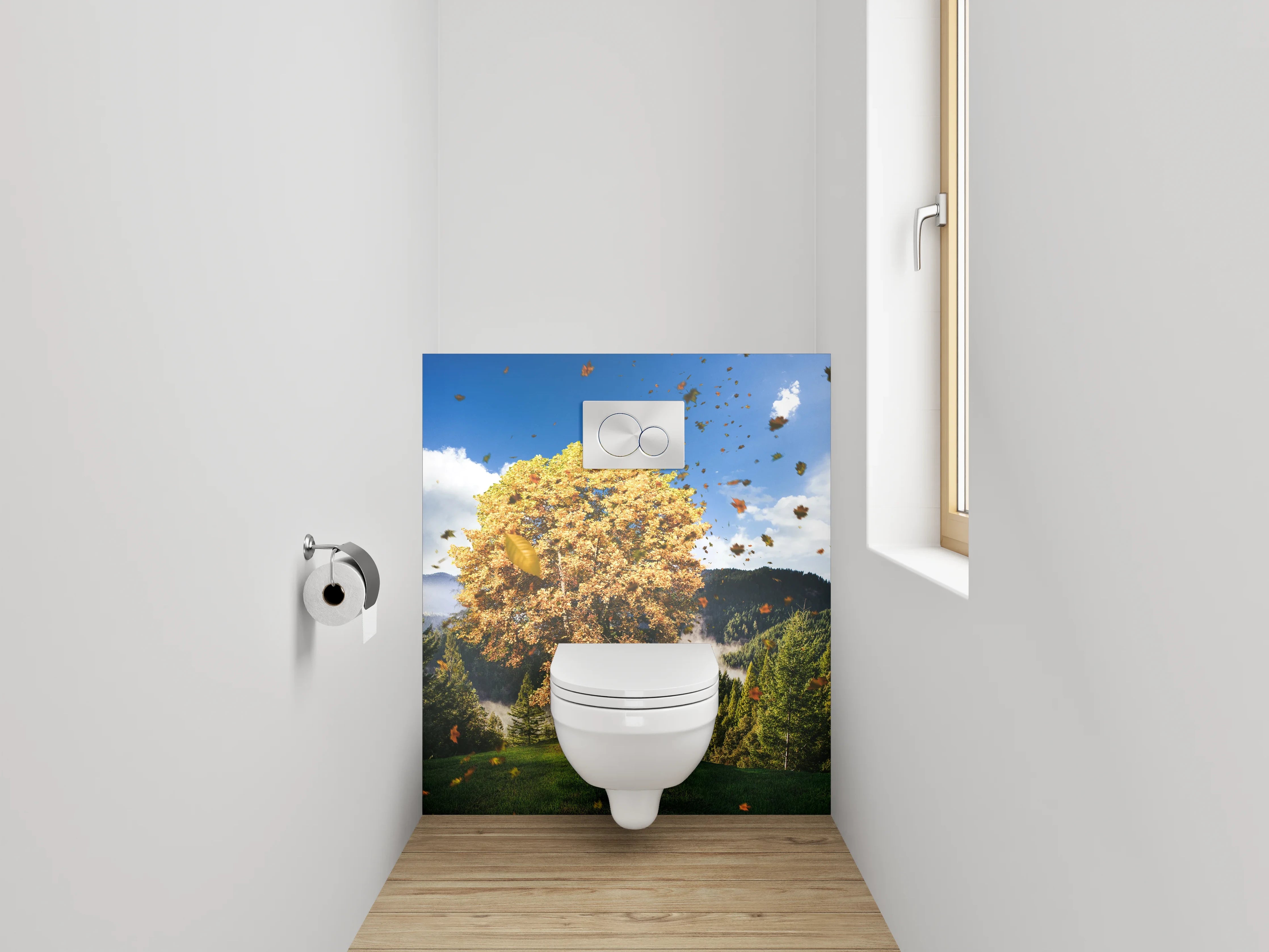 WC-Rückwand - Herbstlicher Baum vor Bergen